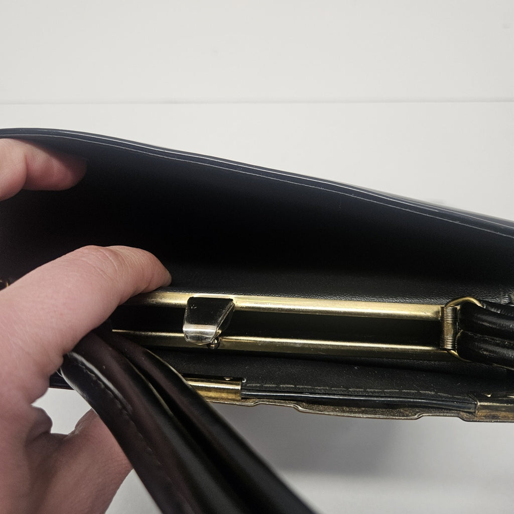 Vtg 1960s MCM Cara Shiny Black Patent Leather Bag Gold & Silver Trim Top Handles