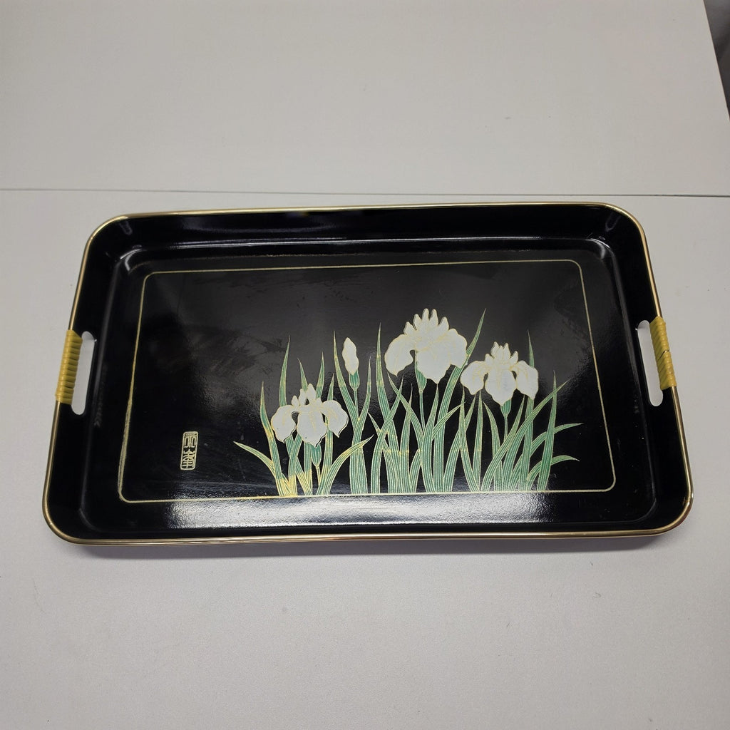 Vintage Handpainted Japanese Butterfly Tray With Handles 19x11" Black Retro Boho