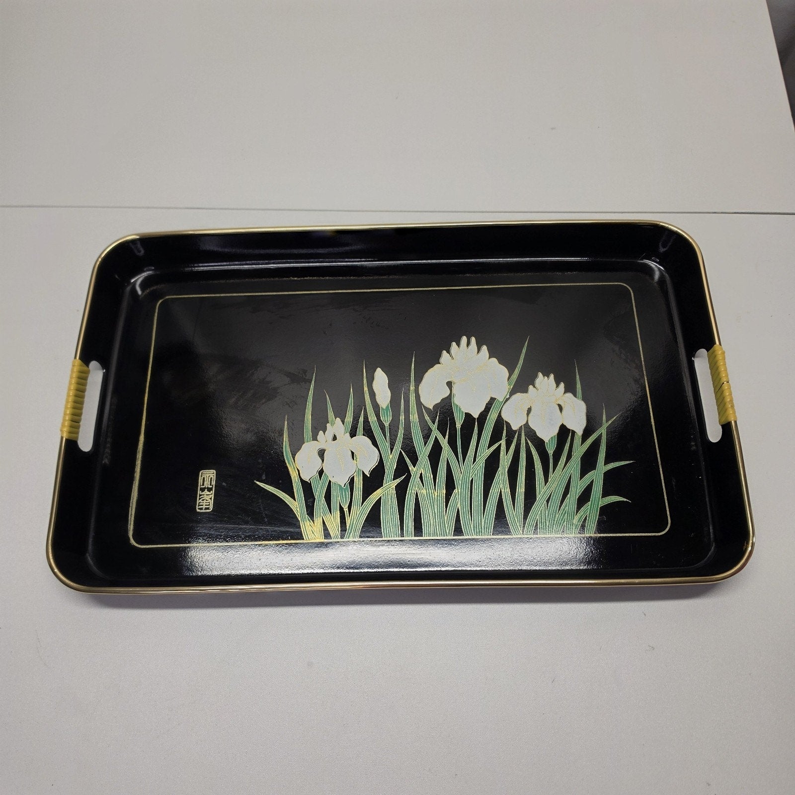 Vintage Handpainted Japanese Butterfly Tray With Handles 19x11" Black Retro Boho