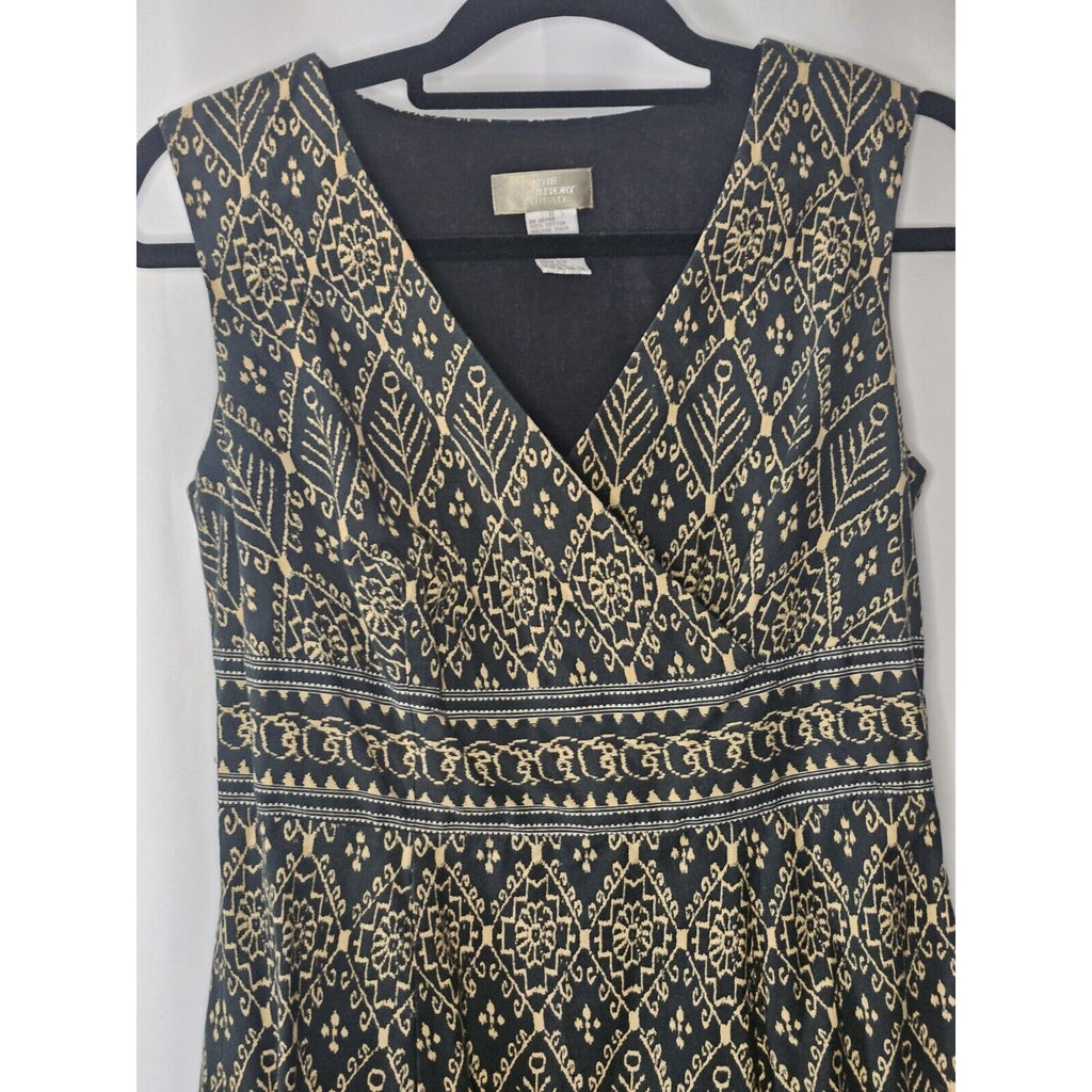 Vintage The Territory Ahead Womens Navy Beige Sleeveless Mock Wrap Midi Dress 8