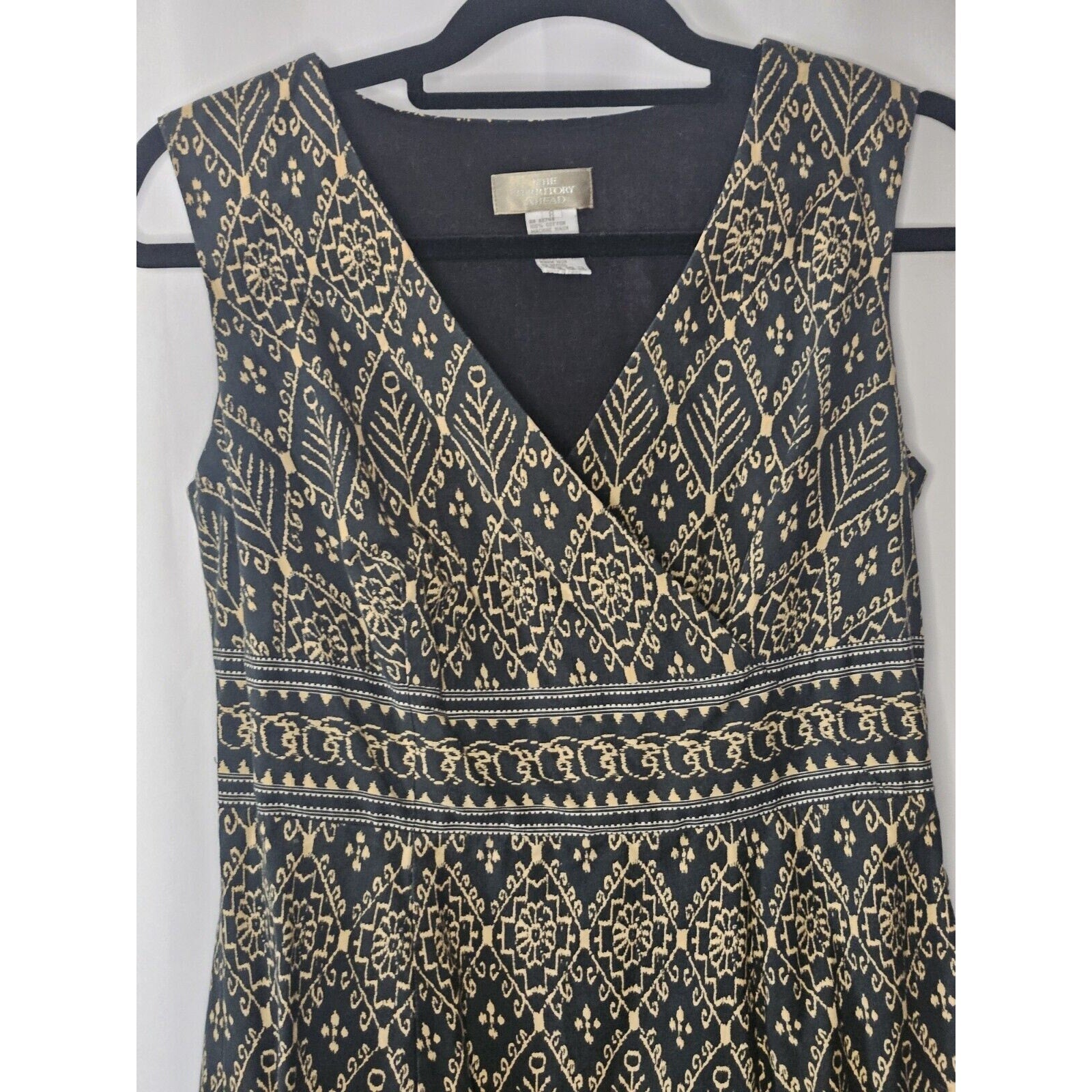 Vintage The Territory Ahead Womens Navy Beige Sleeveless Mock Wrap Midi Dress 8