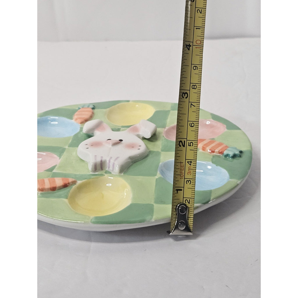 Easter Bunny 7 Carrots Egg Plate Holds 6 Eggs 7" Round Colorful Ceramic Easter