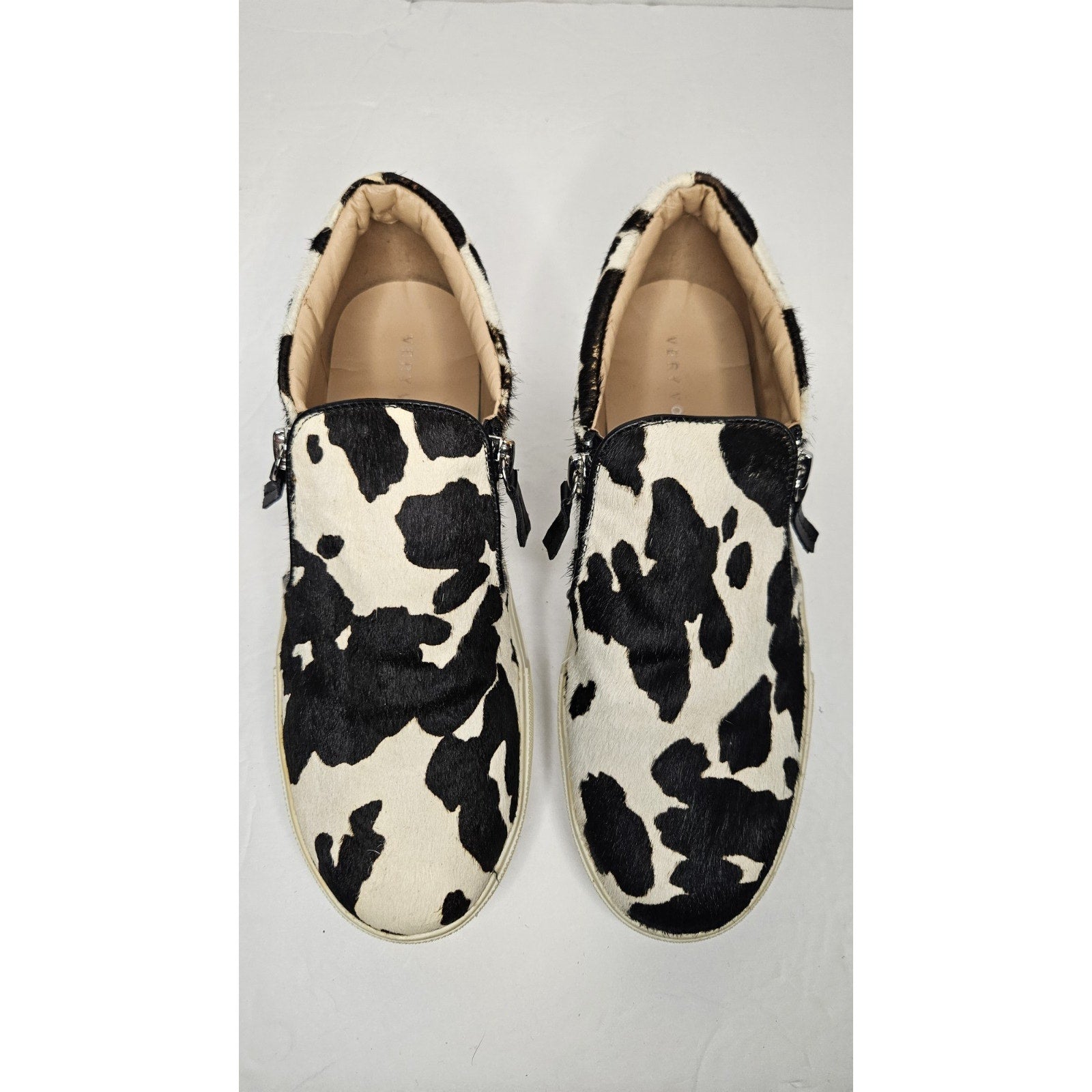 Very Volatile Women's Size 7.5 Normande Sneakers Black White Cow Print Real Fur