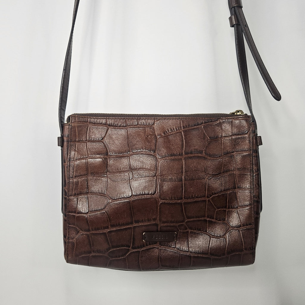 Vintage FOSSIL Croc Embossed Brown Leather Shoulder Crossbody - 10 x 8"