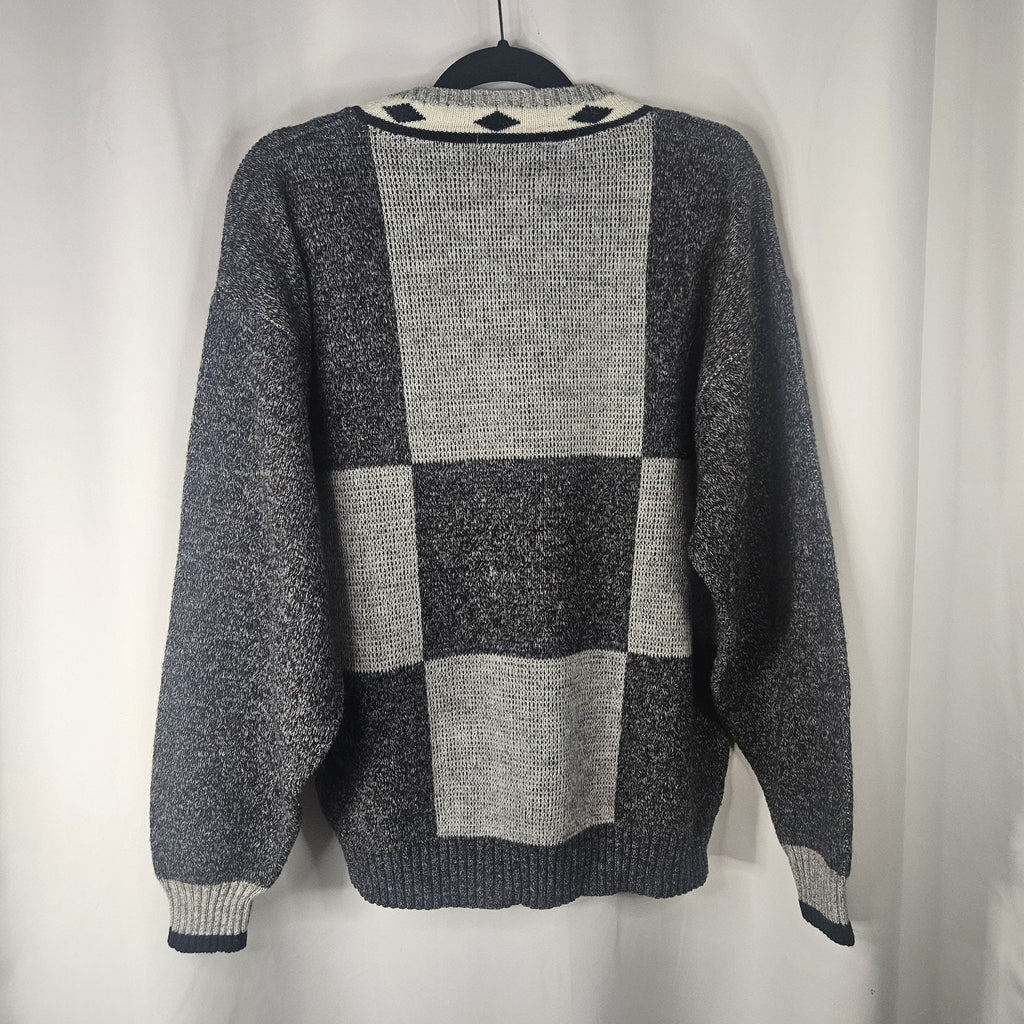 Vintage 80s London Fog Gray Acrylic Alpaca Vneck Sweater Mens TXL USA Geometric