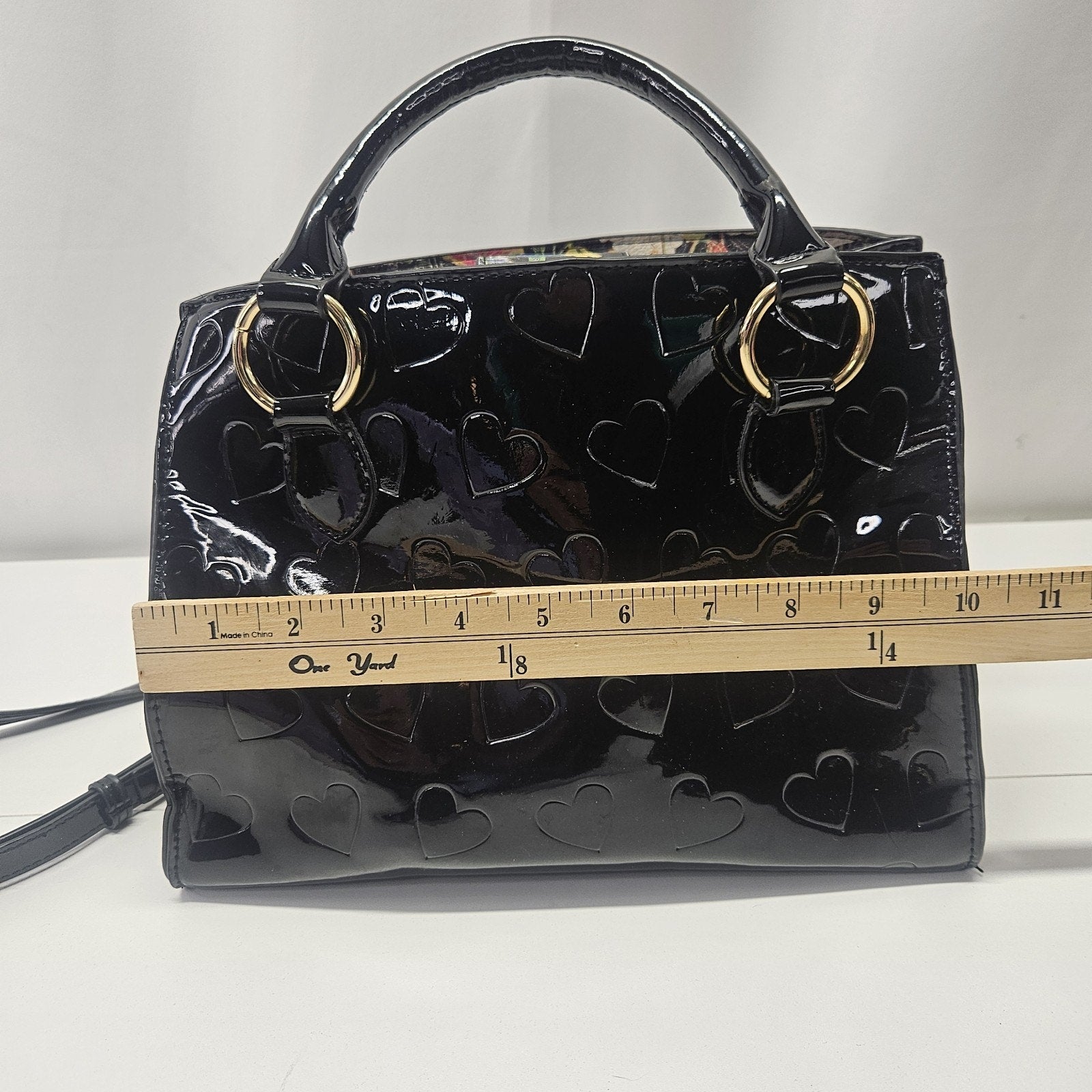 BETSEY Johnson Black Patent Hearts Satchel Tote Logo Glam Crossbody Purse