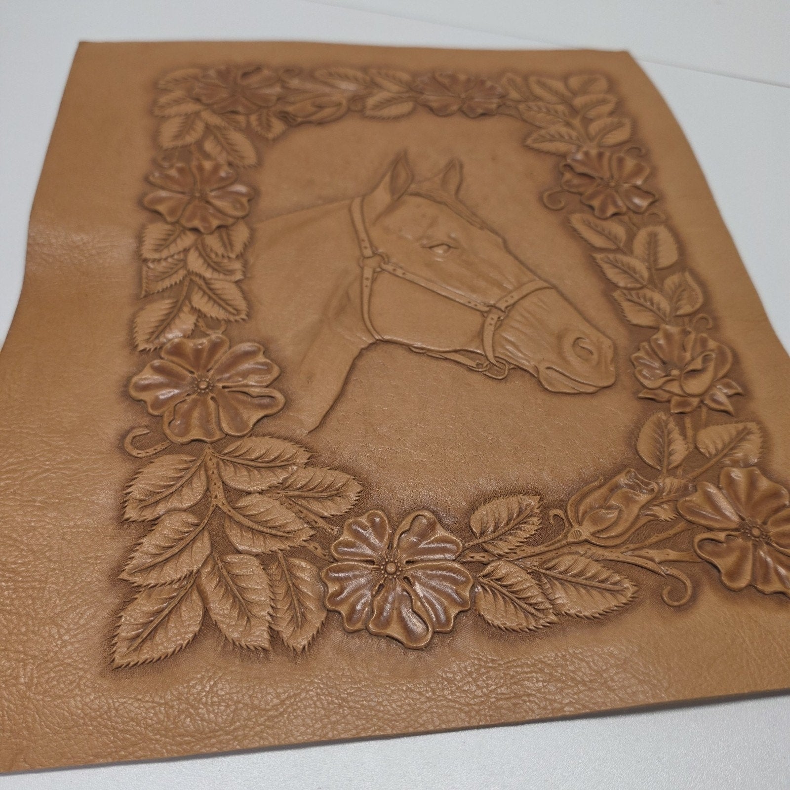 Artist Handmade Embossed Leather Frameable Artwork Horse Equestrian 12x14"