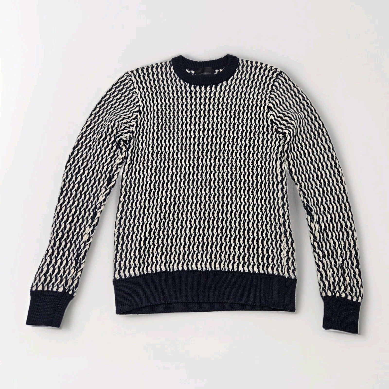 Magaschoni Long Sleeve 100% Wool Crew Neck Soft Sweater Small White Blue