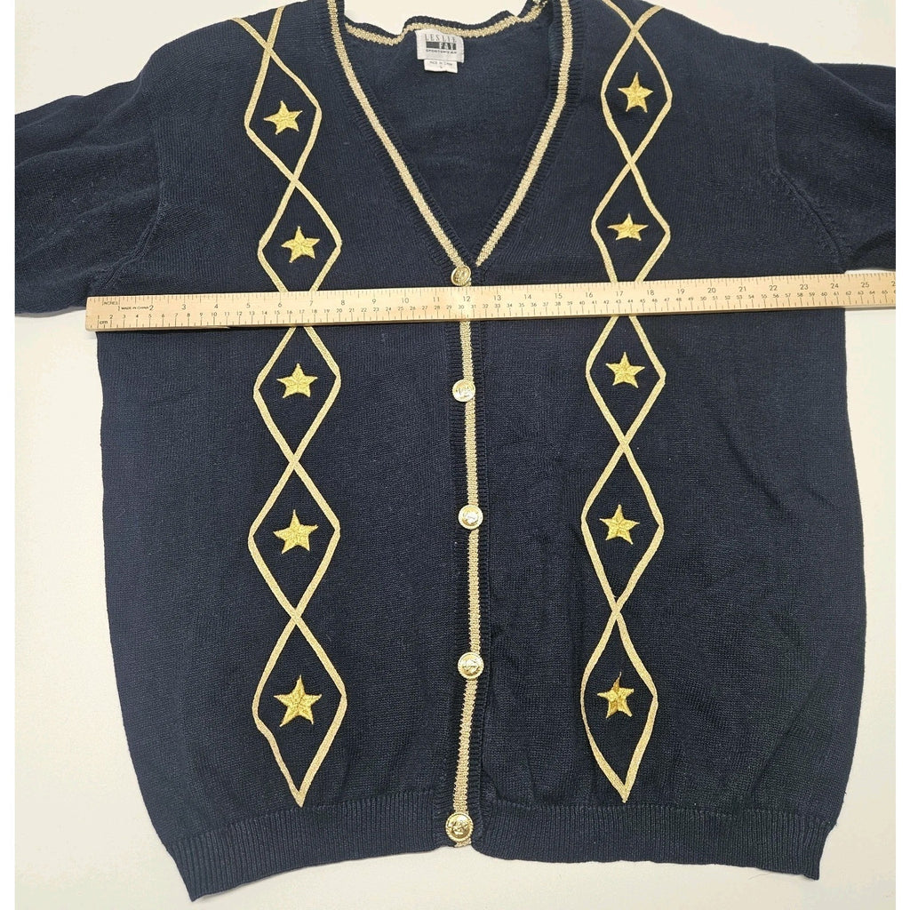 Vintage Nautical Navy Gold Star Embroidered Knit Sweater Cardigan Large Granny
