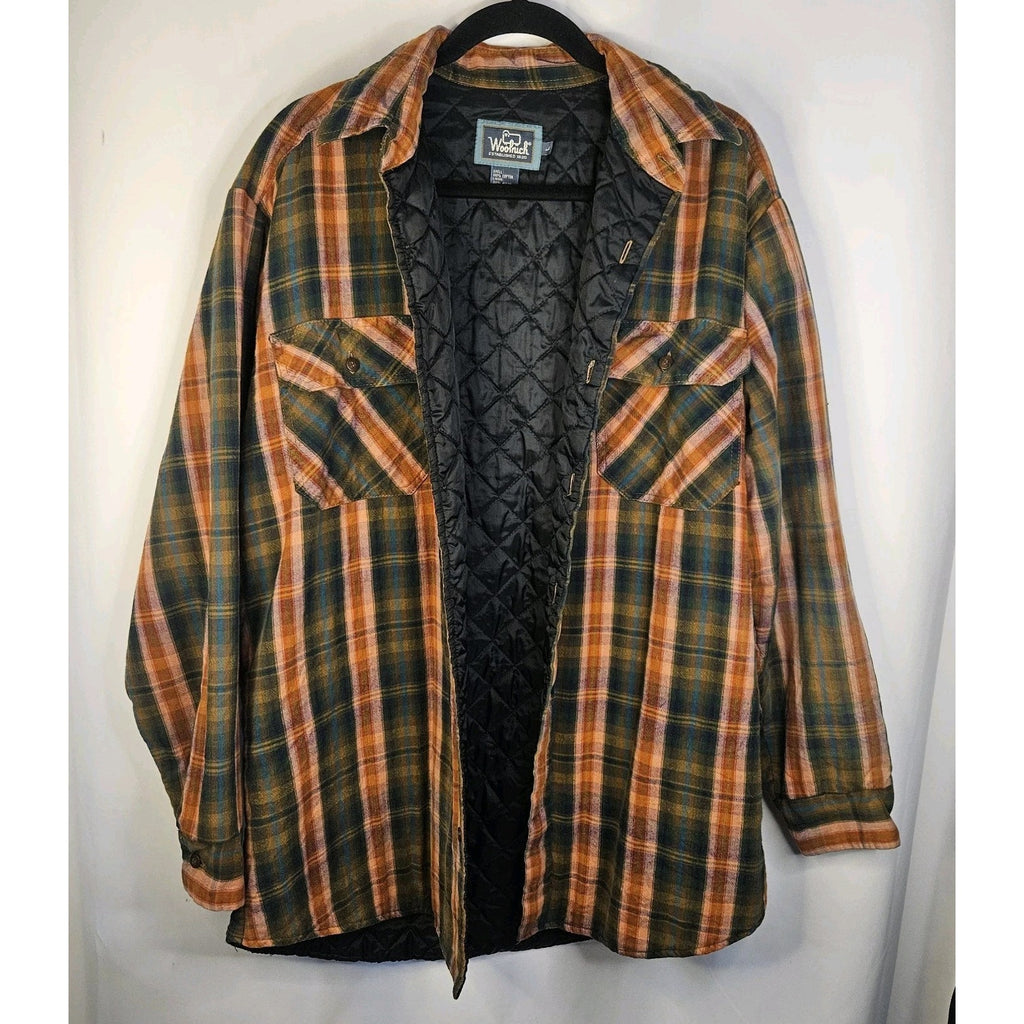 VTG Woolrich Shirt Jacket Unisex Large Green Pink Plaid Lined Quilted Insulated