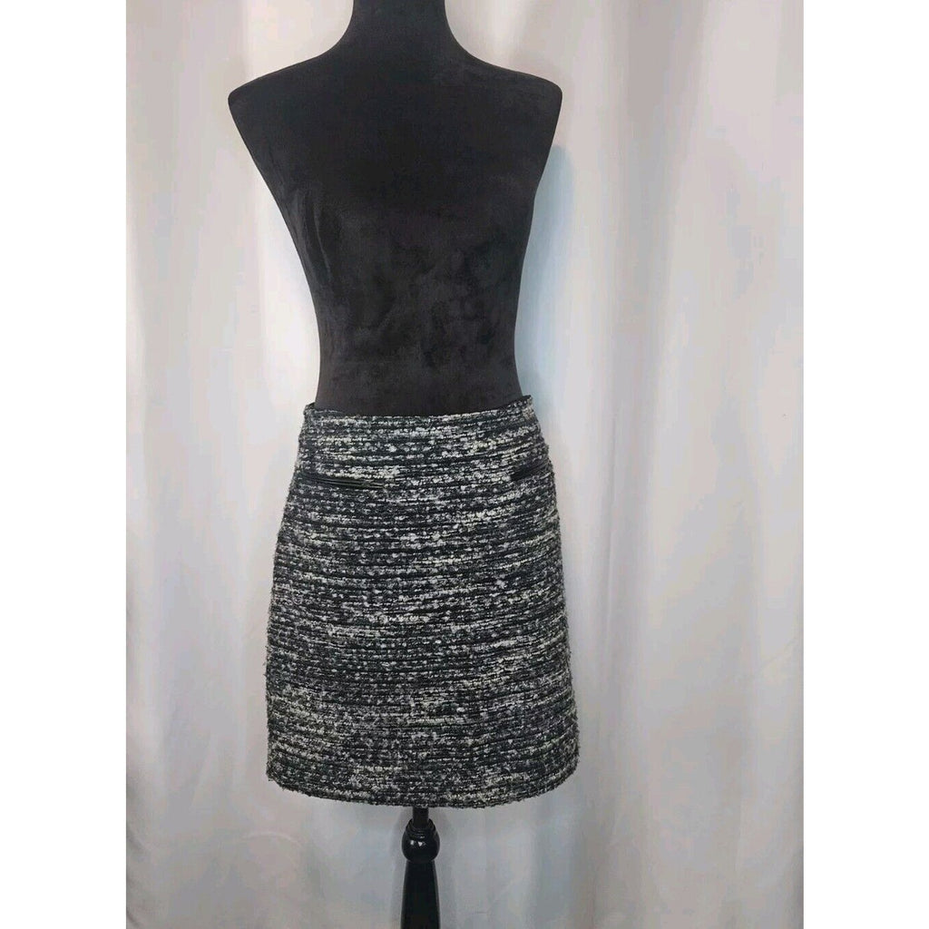 Ann Taylor Black White Wool Blend Skirt Faux Leather Pocket Trim Size 4P