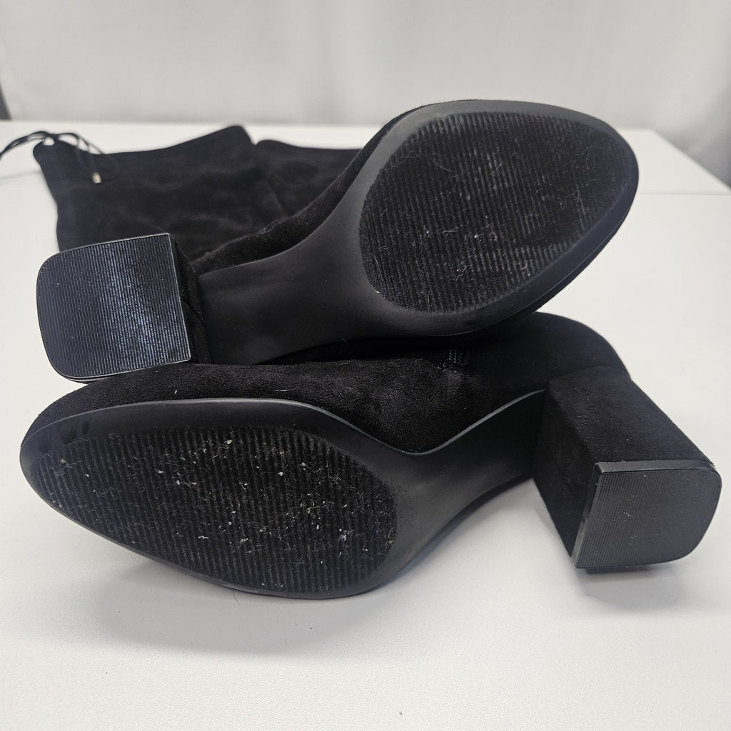 JUSTFAB Over The Knee Heeled Boots DAUPHINE Black Sz 9.5 Stretch 3" Heel Glam