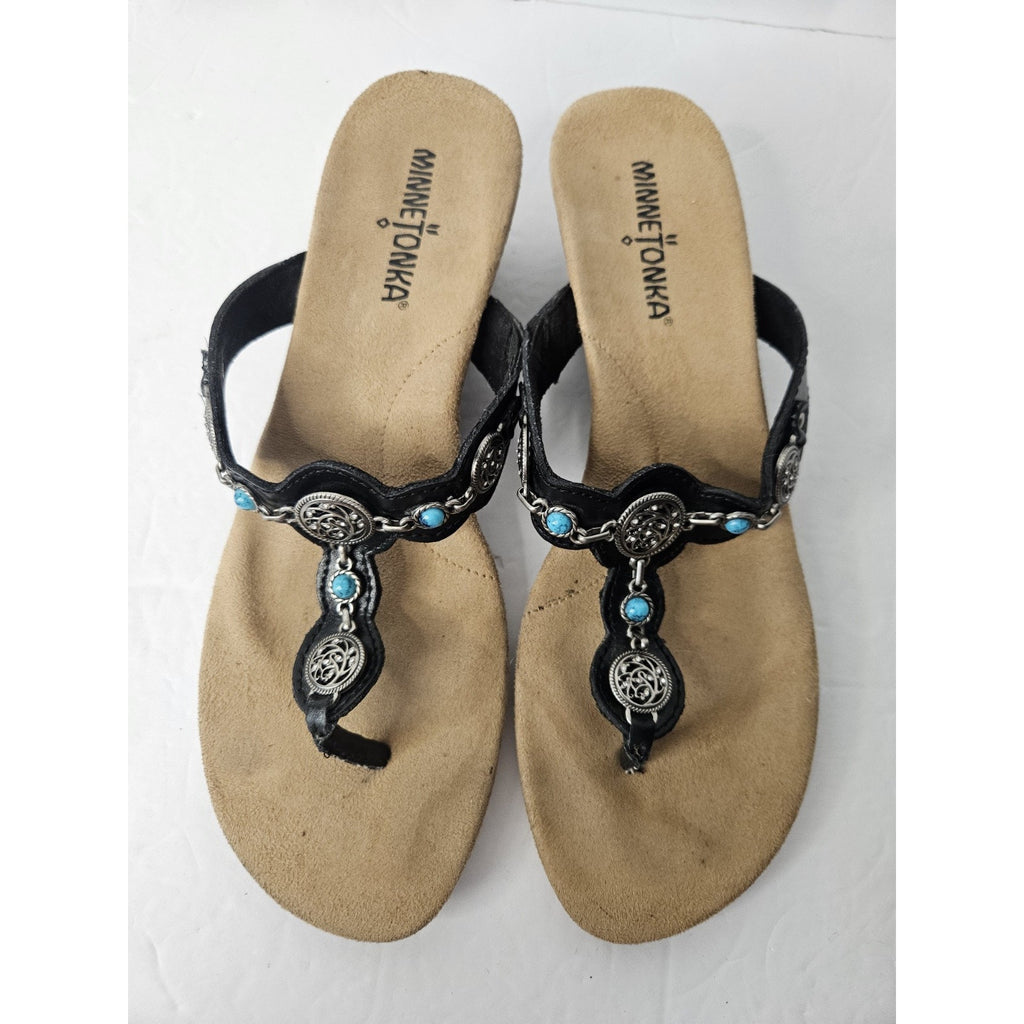 Minnetonka Boca Thong Sandals Women’s 8 Black Flip Flop Silver Turquoise 71105