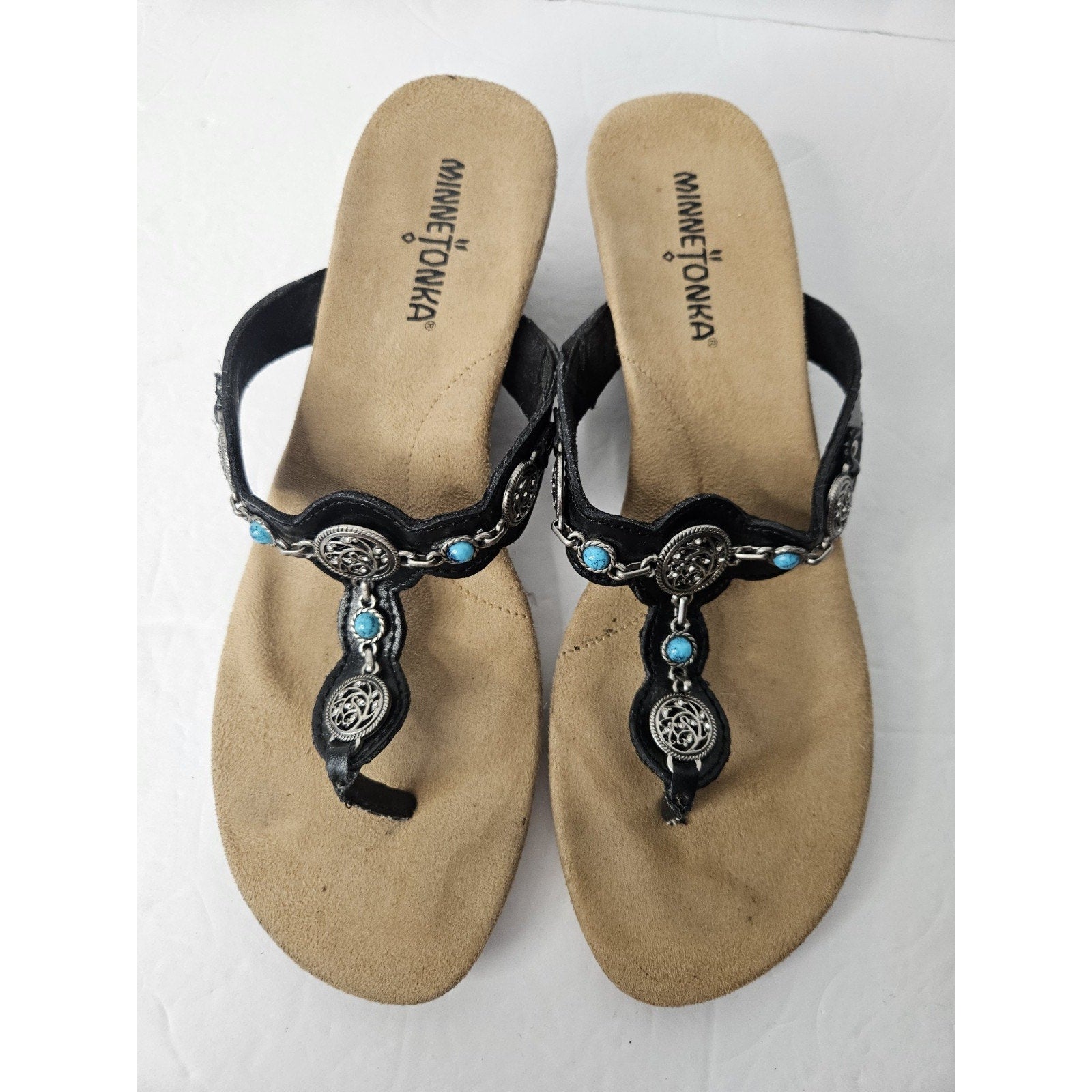 Minnetonka Boca Thong Sandals Women’s 8 Black Flip Flop Silver Turquoise 71105