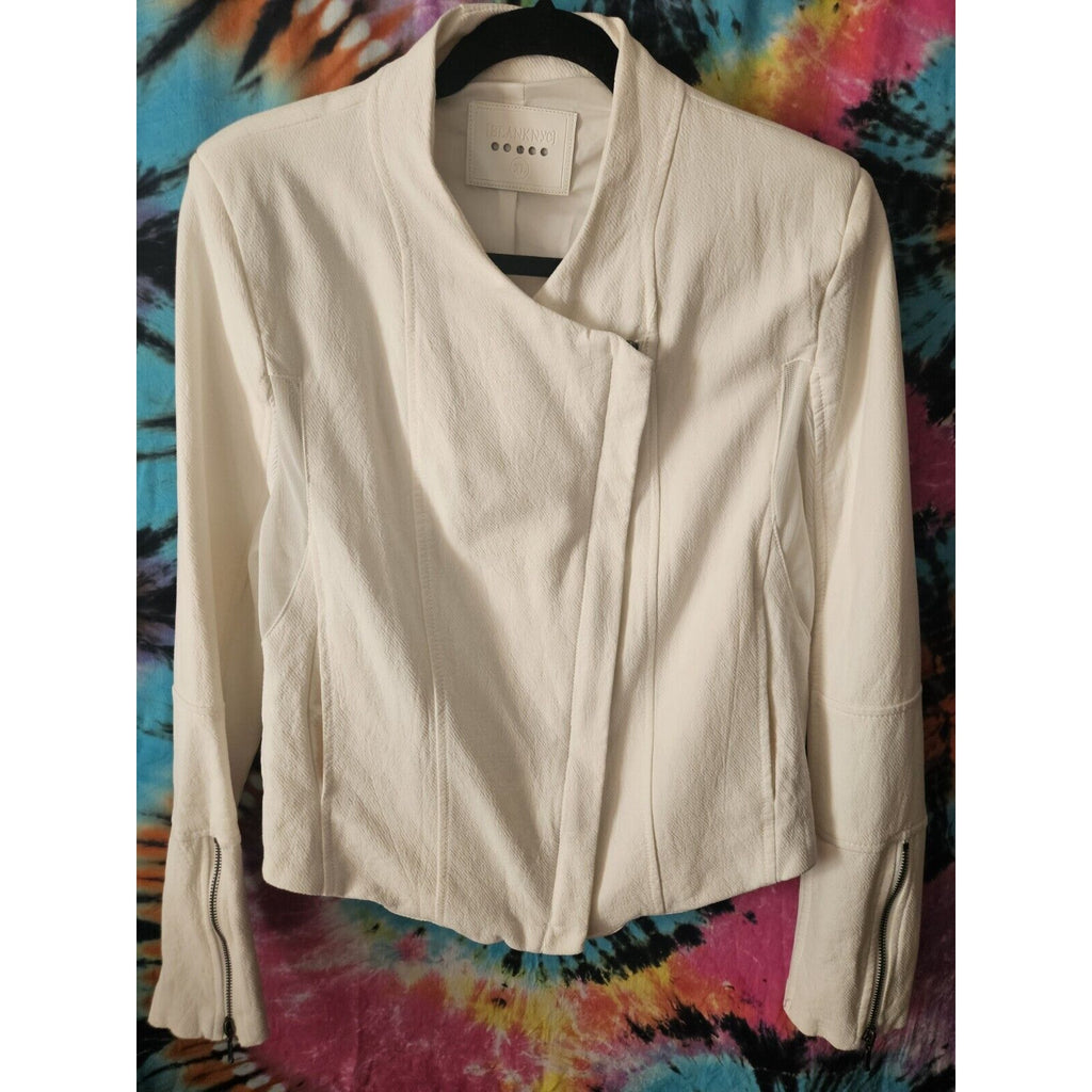 BLANKNYC White Cotton Jacket Asymetical Zip Large Mesh Panels Zip Cuffs Size XL