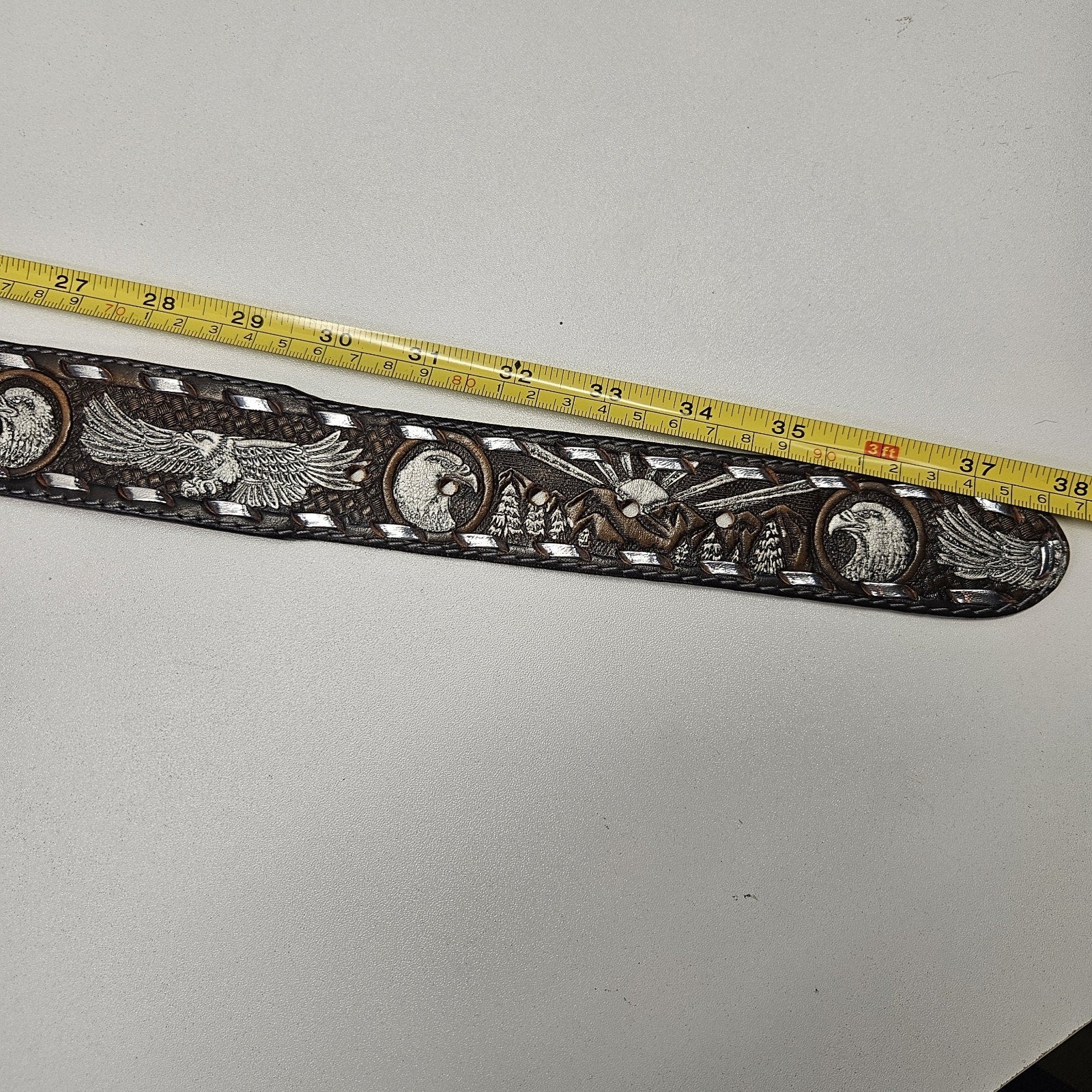 Datoka Full Grain Cowhide Sz 32 Black Leather Belt Painted Embossed Eagles USA