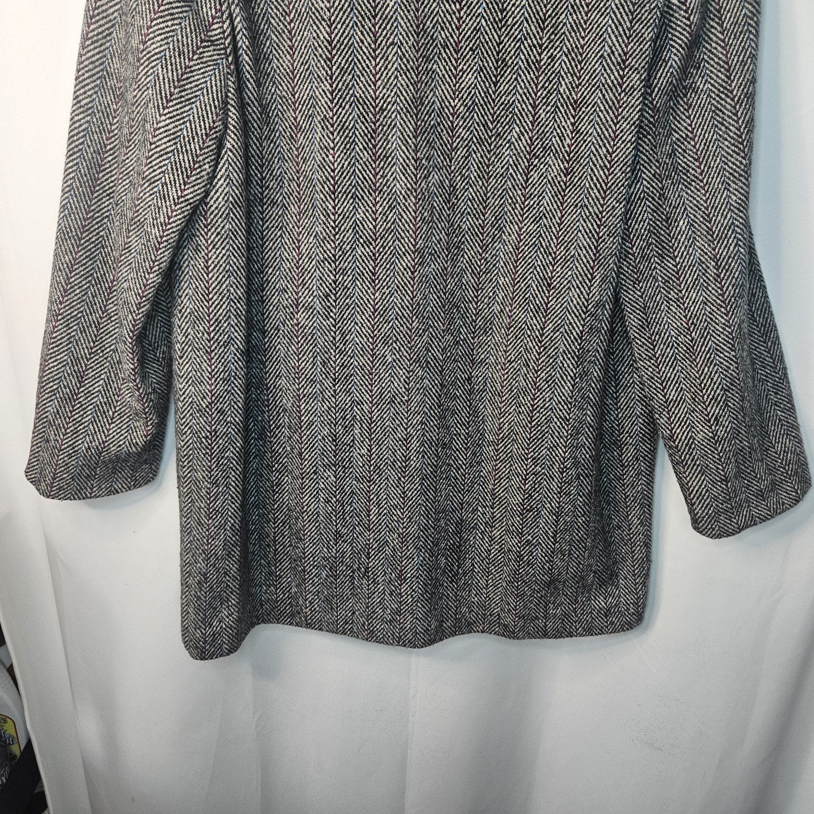 Vtg 80s Herringbone Double Breasted Tweed Over Coat Miss New Yorker Size Large