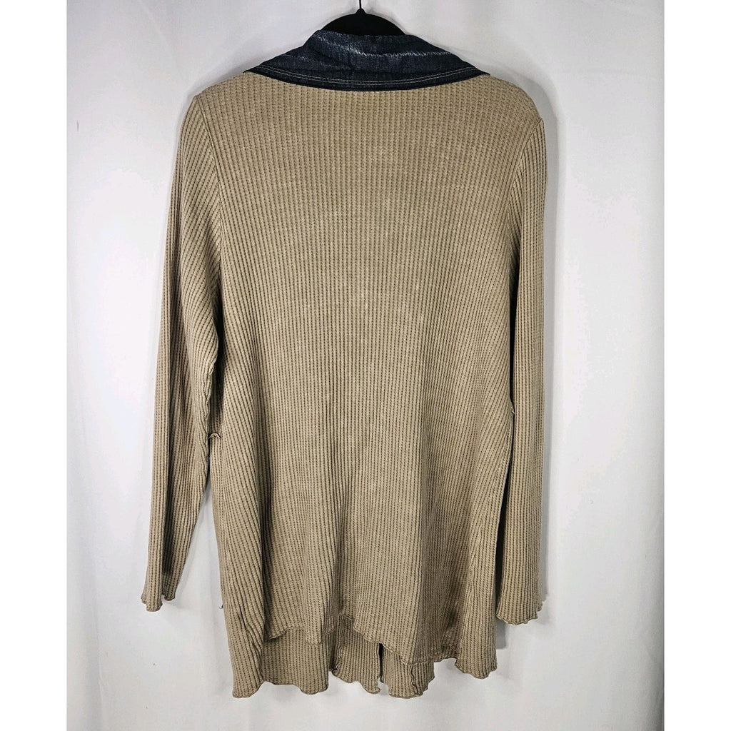 Fenini Khaki Cotton Waffle Knit Tunic Cardigan Sweater SZ XL Patchwork Boho