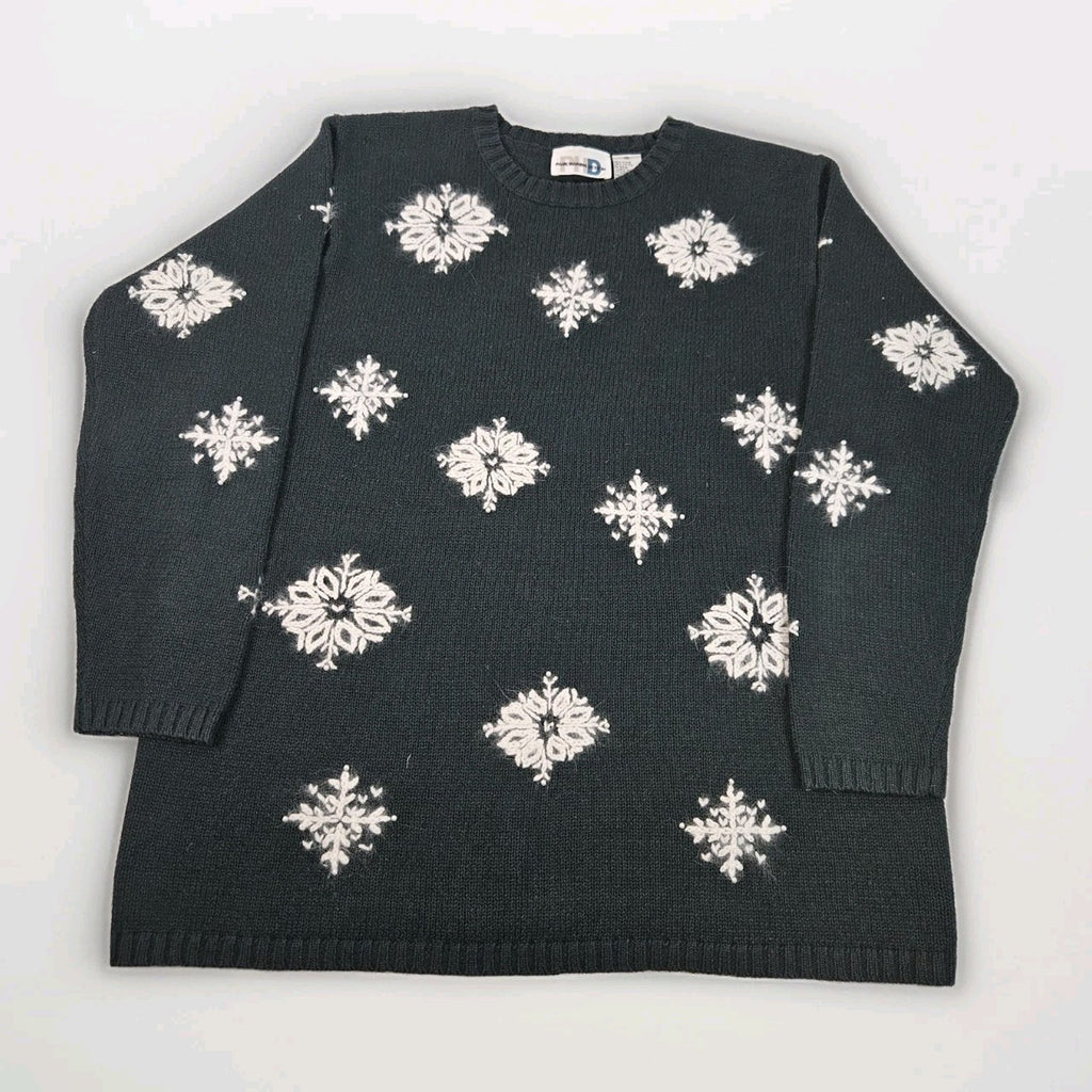 Vintage Beaded Embroidered Snowflake Knit Sweater Medium Holiday Winter