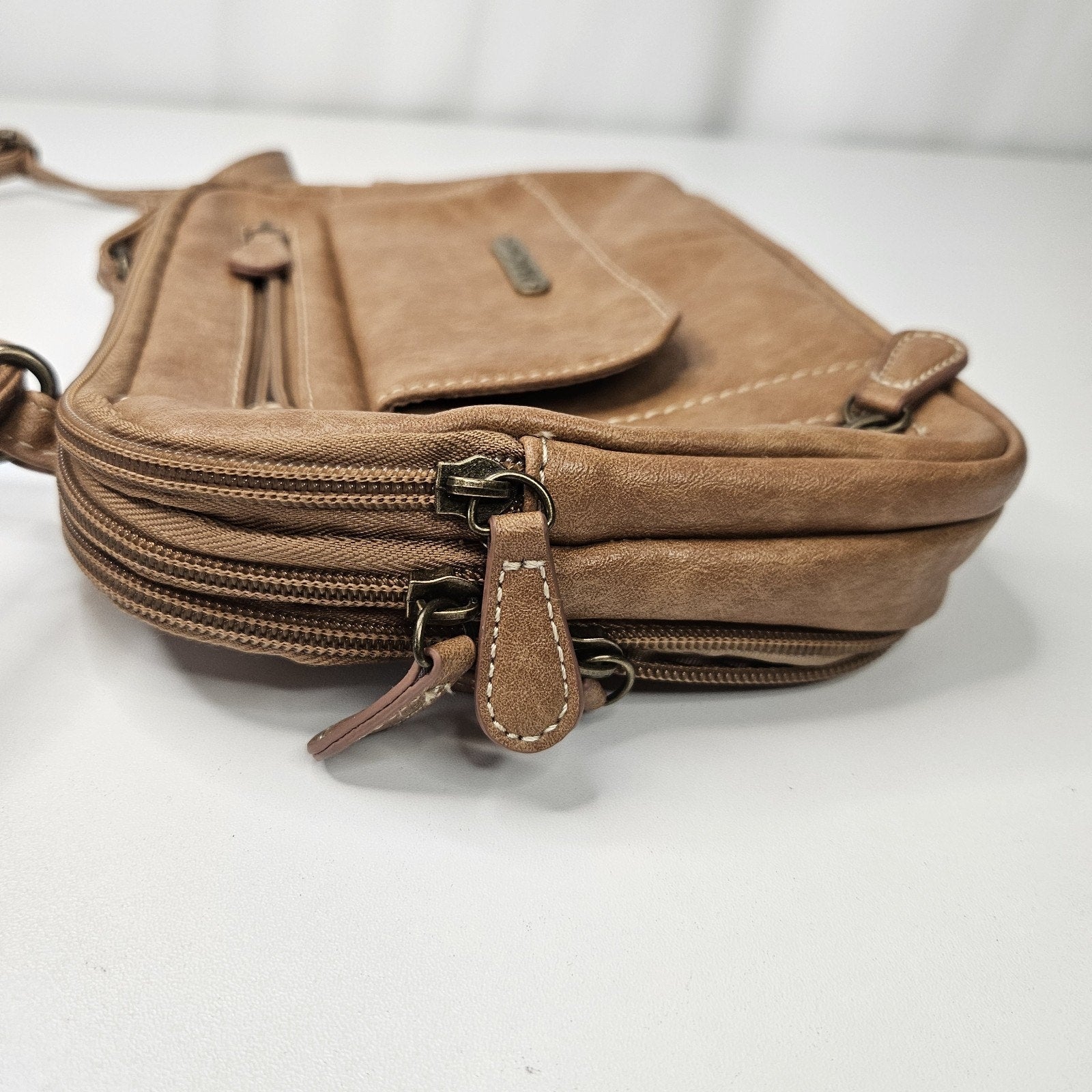 MultiSac Tan Zippered Triple Compartment Crossbody Bag Travel Everyday Purse