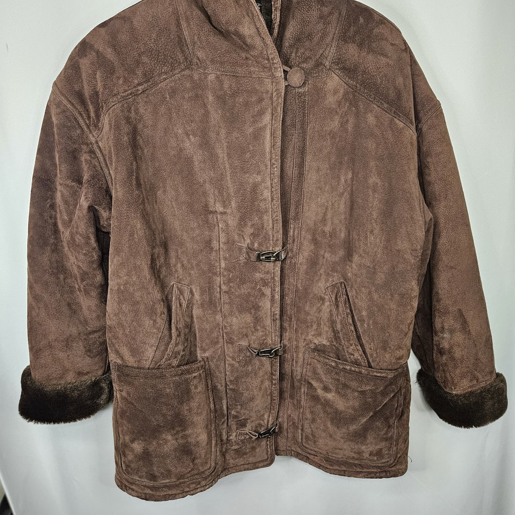 Vintage Synergy Oversized Leather Faux Shearling Coat Large Chocolate Brown