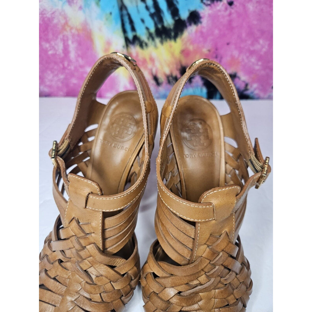 TORY BURCH $325 Nadia Brown Woven Leather Logo Detail Huarache Sandals Heels 6.5