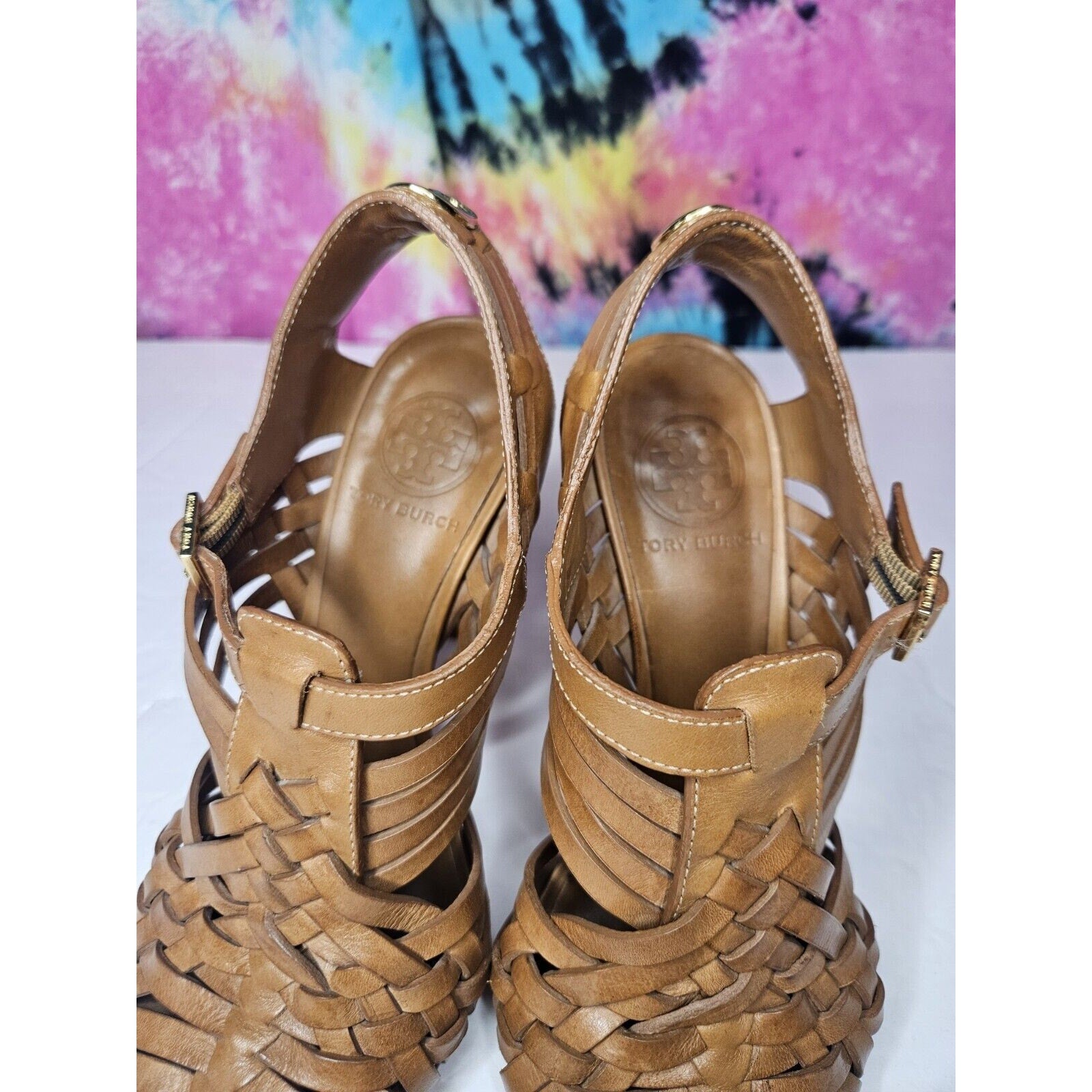 TORY BURCH $325 Nadia Brown Woven Leather Logo Detail Huarache Sandals Heels 6.5