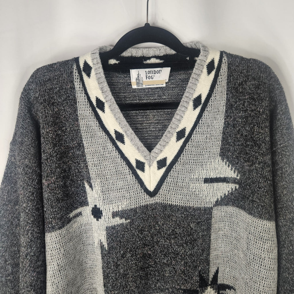 Vintage 80s London Fog Gray Acrylic Alpaca Vneck Sweater Mens TXL USA Geometric