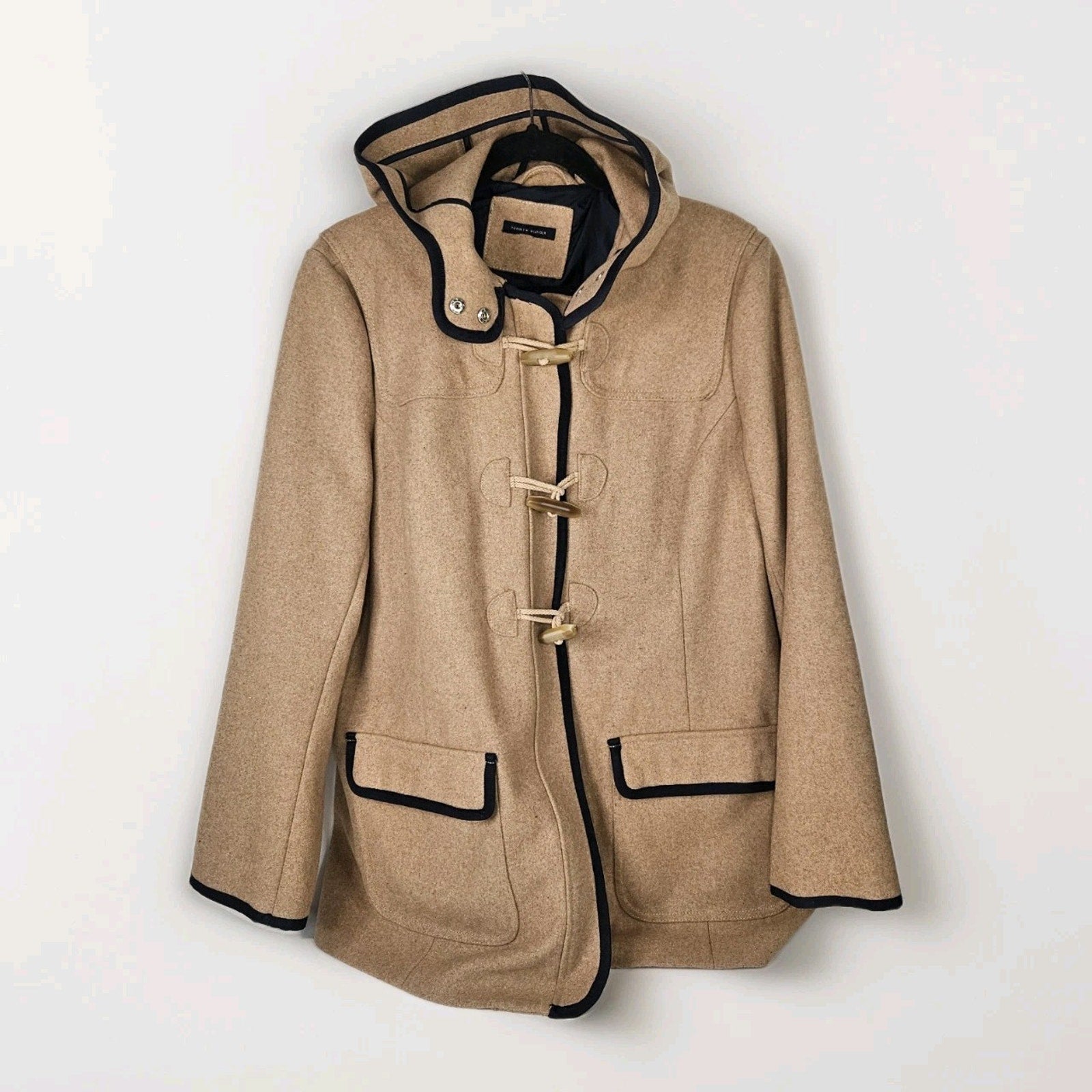 Tommy Hilfiger Jacket Womens Size Large Camel Navy Full Zip Hooded Wool Blend