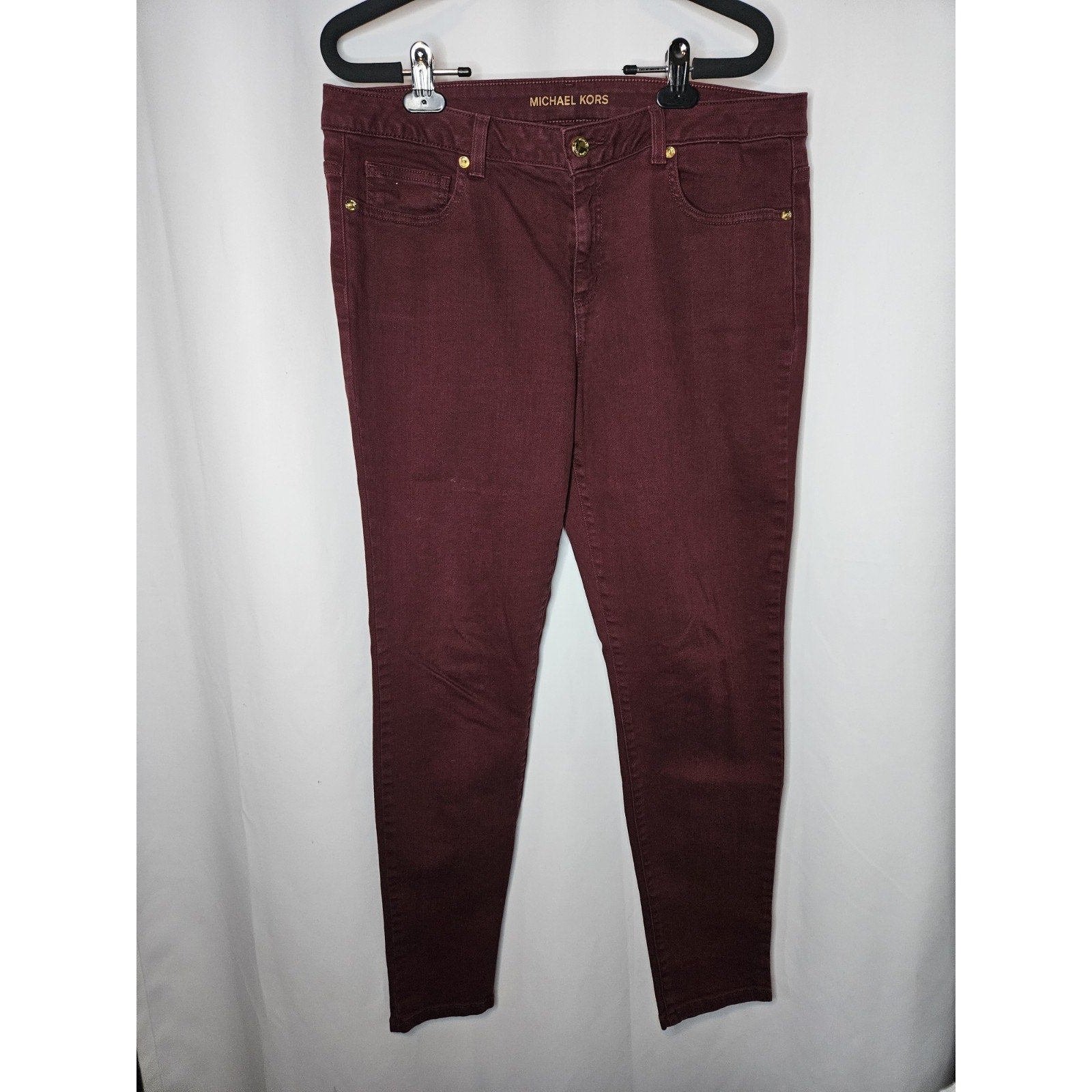 Michael Kors Skinny Jeans Women's Size 10 Burgundy Mid Rise Gold Buttons Accents