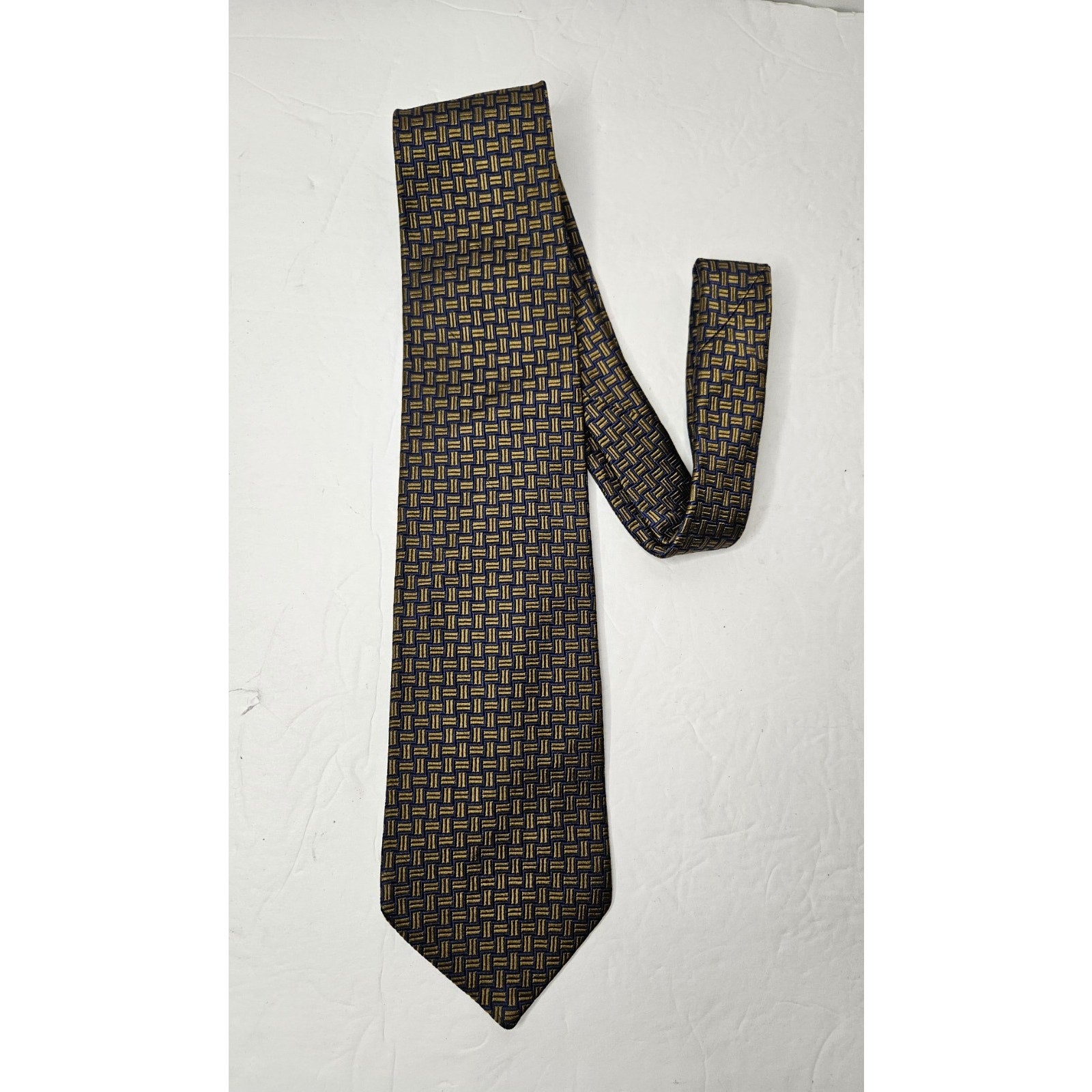 Brooks Brothers Makers USA + English Silk Navy Blue w/Yellow Jacquard Tie