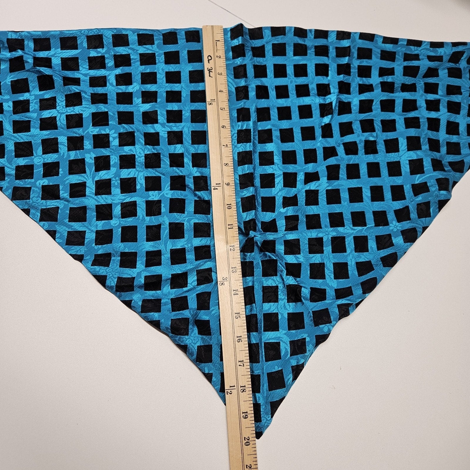 NWT Vtg 80s 100% Silk Jacquard Puff Sleeve Check Top w Scarf Blue Black Sz 10