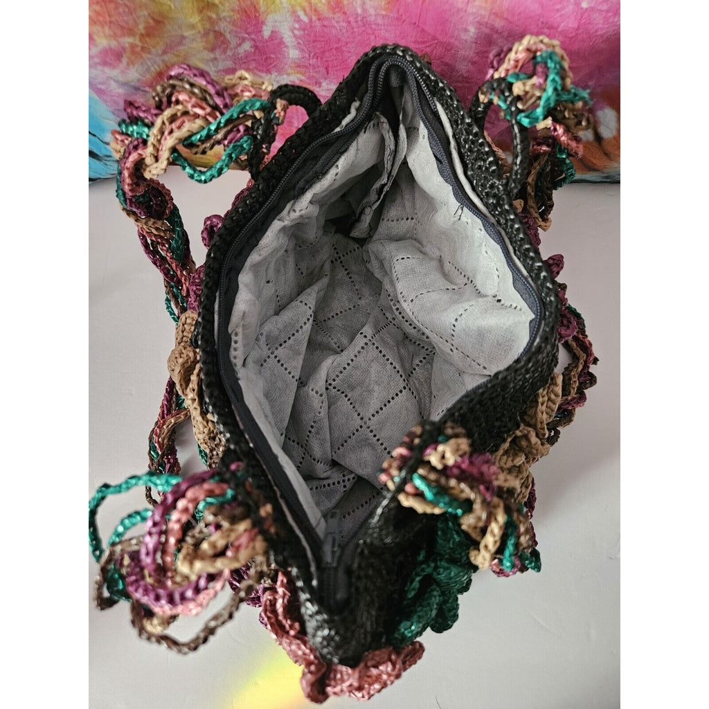 Unique Acrylic Floral Raffia Handbag Black With Colorful Flower Accents