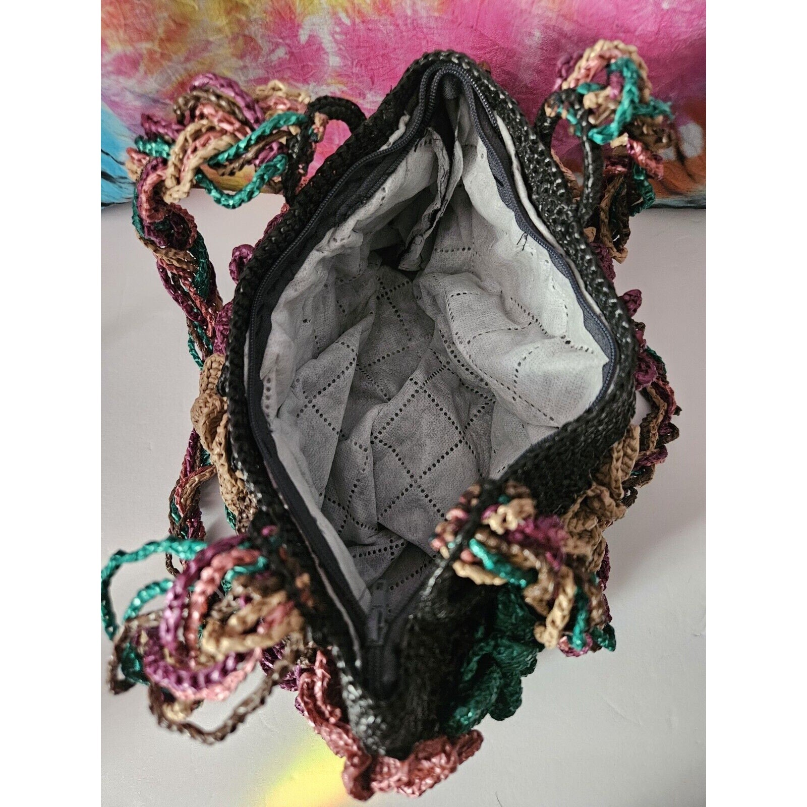 Unique Acrylic Floral Raffia Handbag Black With Colorful Flower Accents