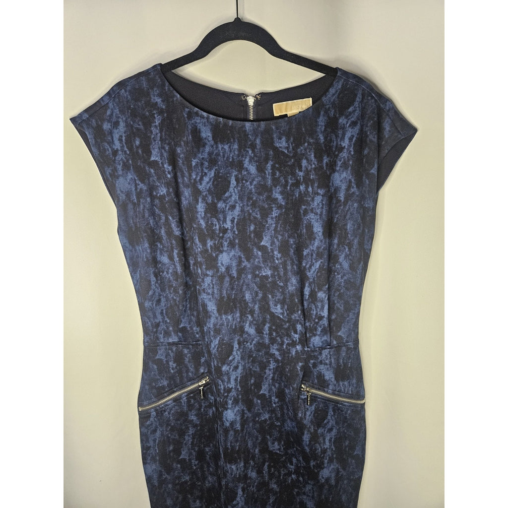 Michael Kors Michael Blue Black Short Sleeve Zip Pocket Sheath Midi Dress US 10