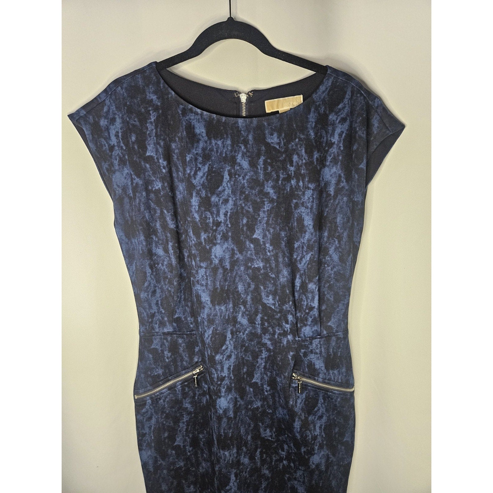 Michael Kors Michael Blue Black Short Sleeve Zip Pocket Sheath Midi Dress US 10