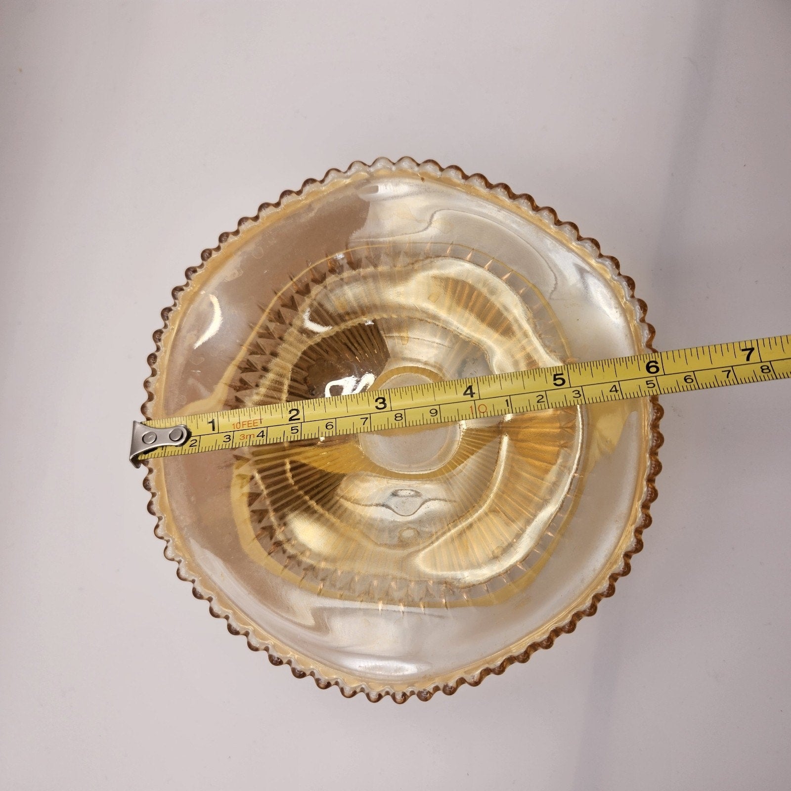 Vtg Carnival Glass Candy Dish Amber Three Footed Beaded Rim Diamond Pointed Ribs
