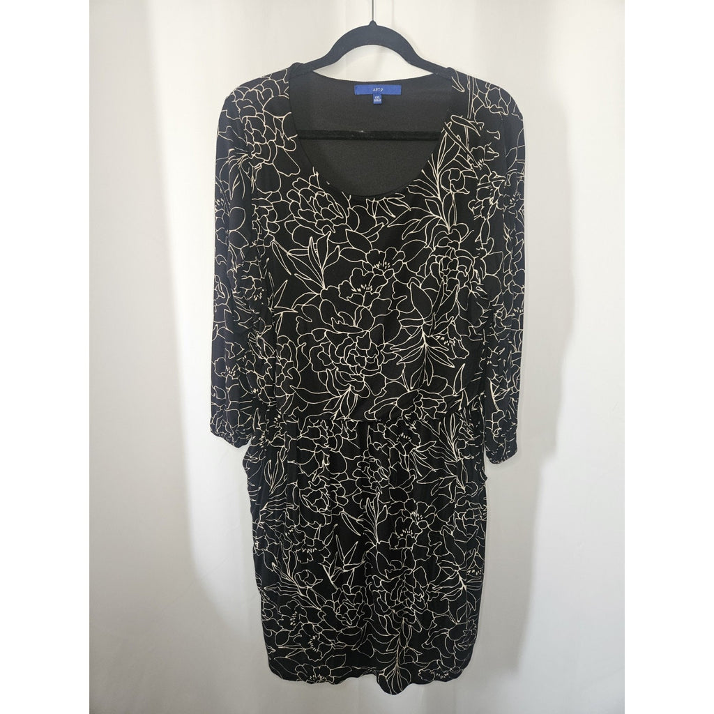 Apt 9 Black Floral Stretch Knit Boat Neck Fit Flare Dress Size XXL Pockets