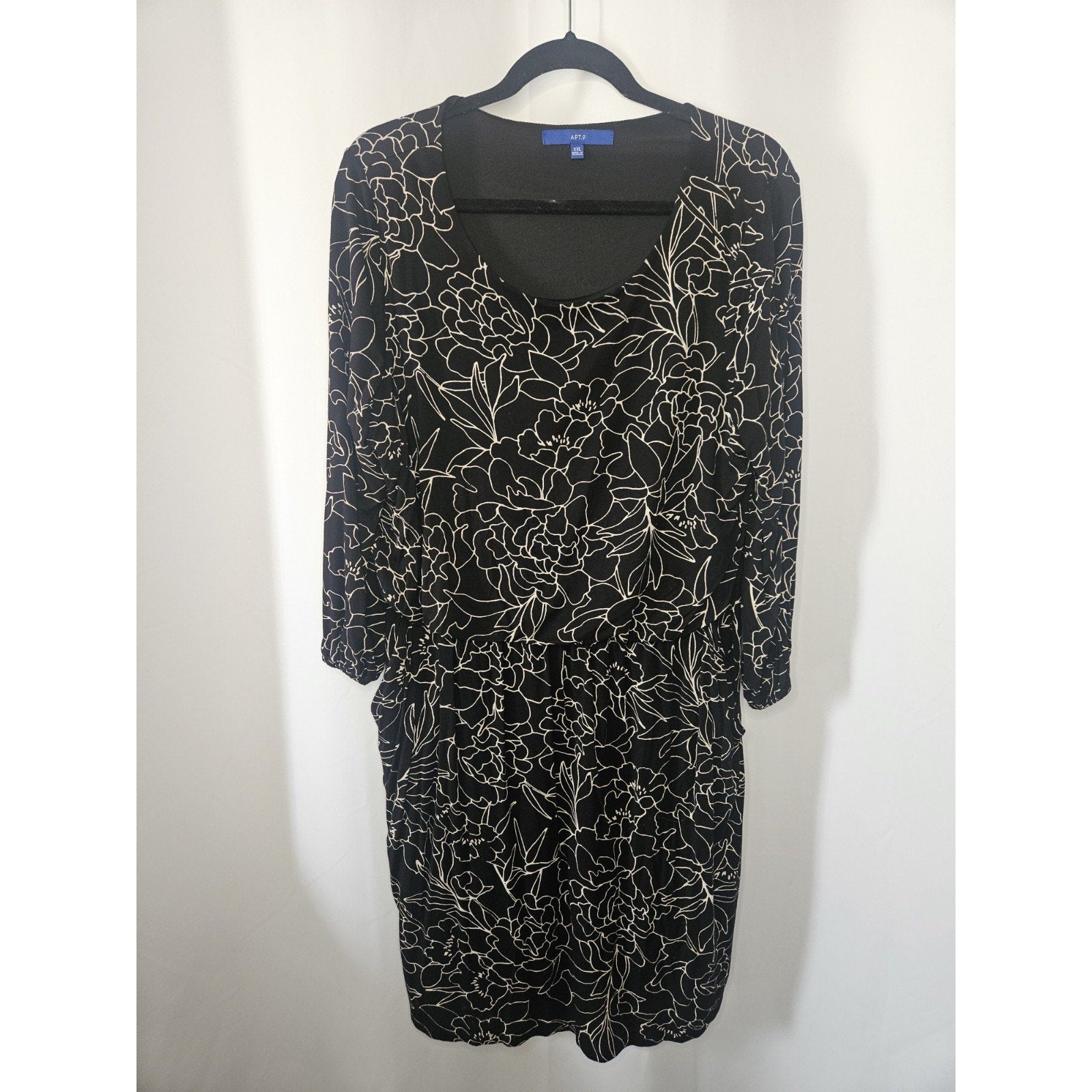 Apt 9 Black Floral Stretch Knit Boat Neck Fit Flare Dress Size XXL Pockets