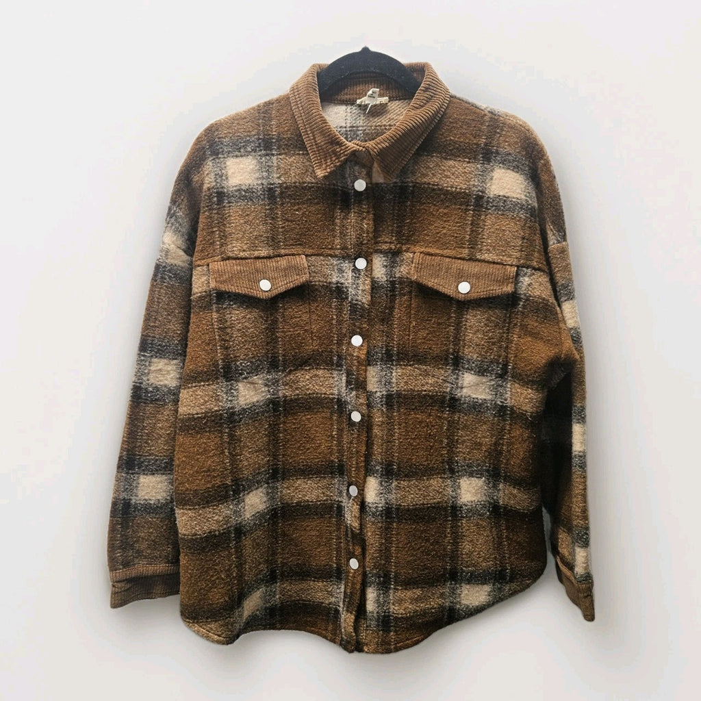 POL Brown Plaid Fleece Jacket Shacket Pockets Medium Barn Coat