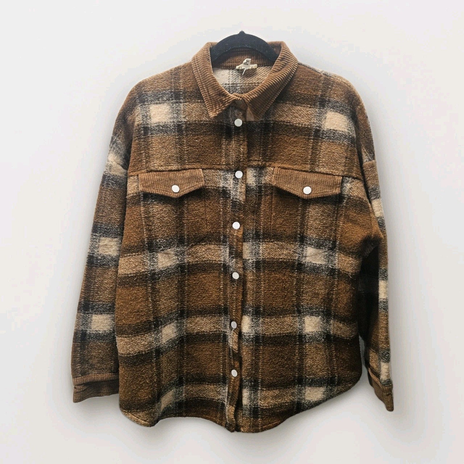 POL Brown Plaid Fleece Jacket Shacket Pockets Medium Barn Coat