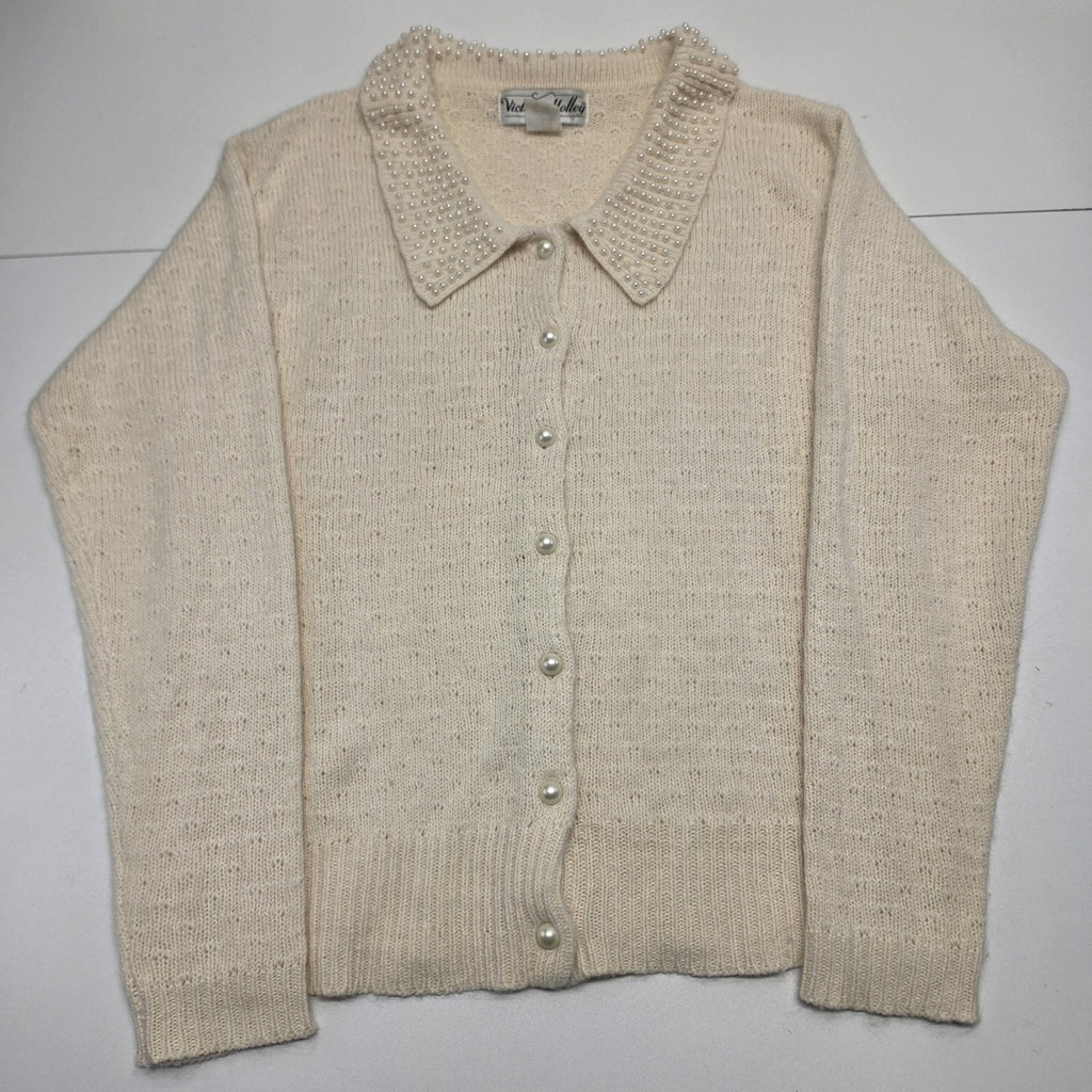 Vintage 80s Victoria Holley Cream Cardigan Sweater Pearl Collar Silk Angora Lrg