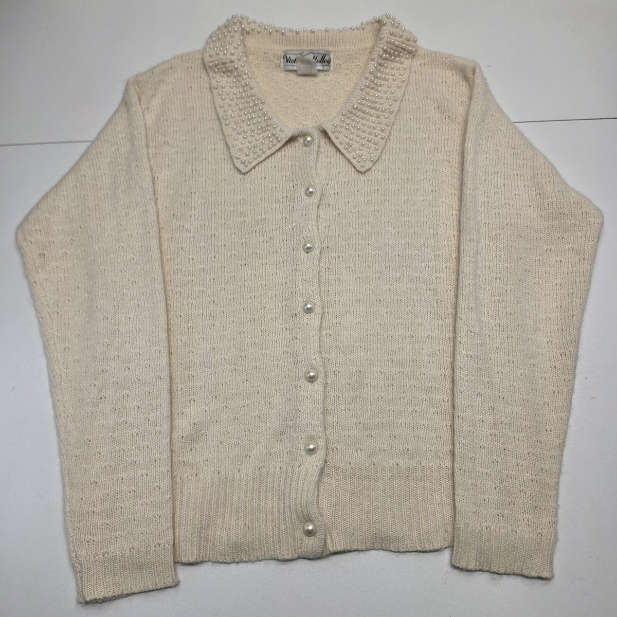 Vintage 80s Victoria Holley Cream Cardigan Sweater Pearl Collar Silk Angora Lrg