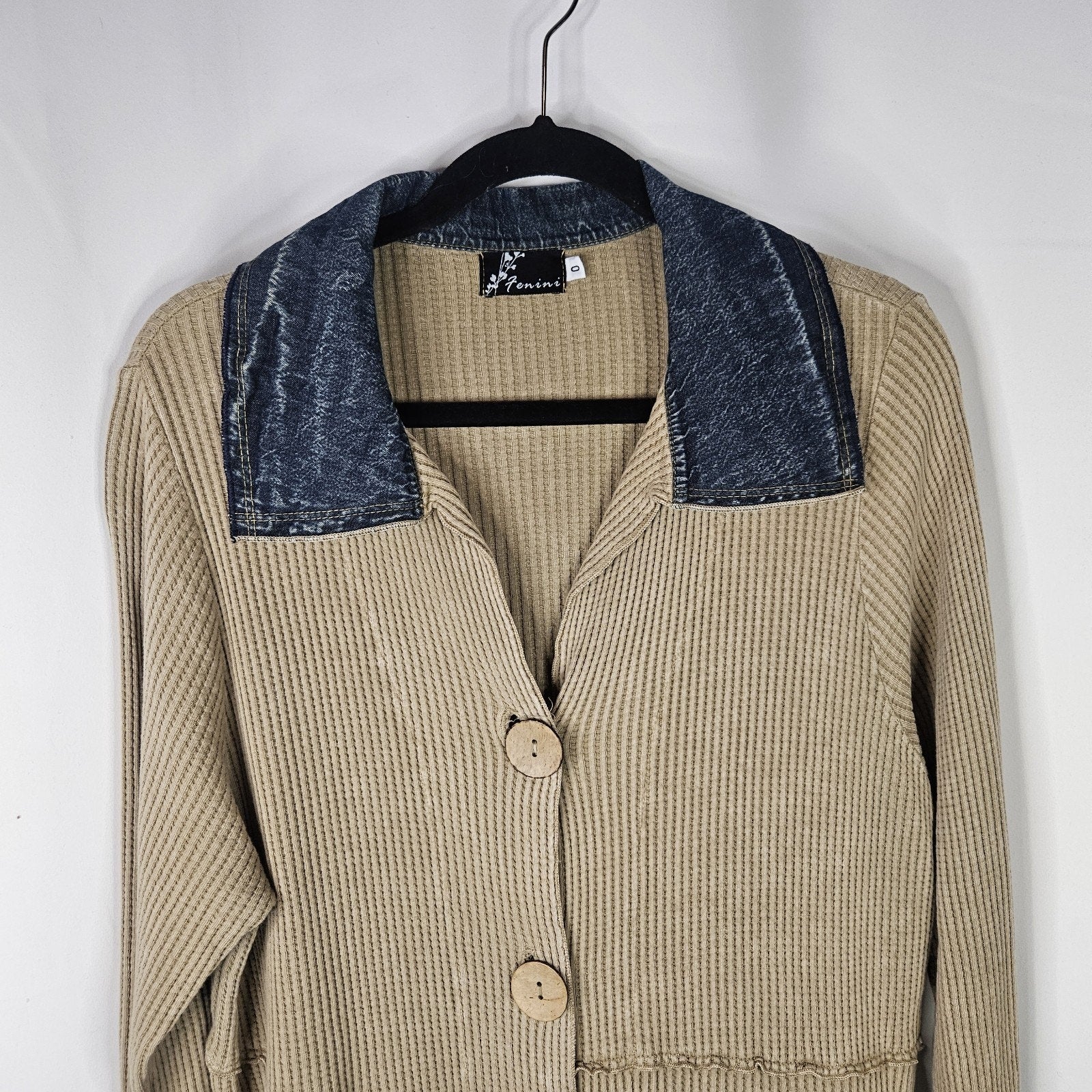 Fenini Khaki Cotton Waffle Knit Tunic Cardigan Sweater SZ XL Patchwork Boho