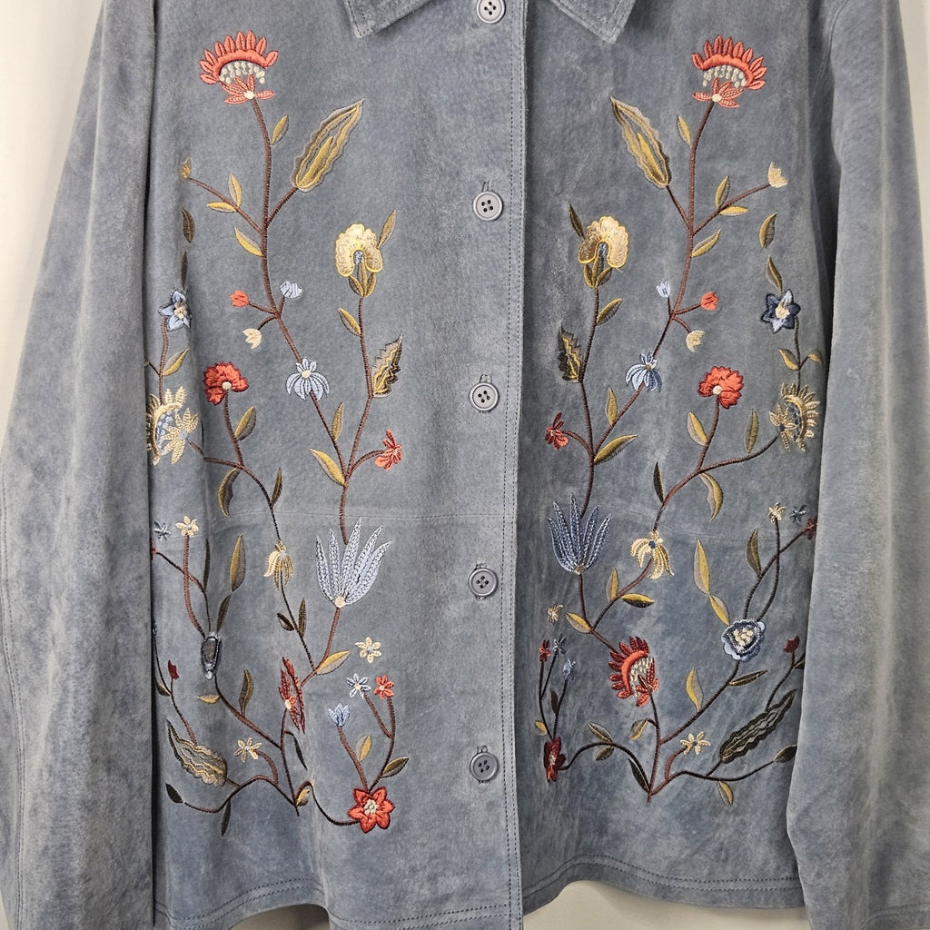Jessica Holbrook Jacket Womens 1X Blue Suede Leather Floral Embroidered Artsy