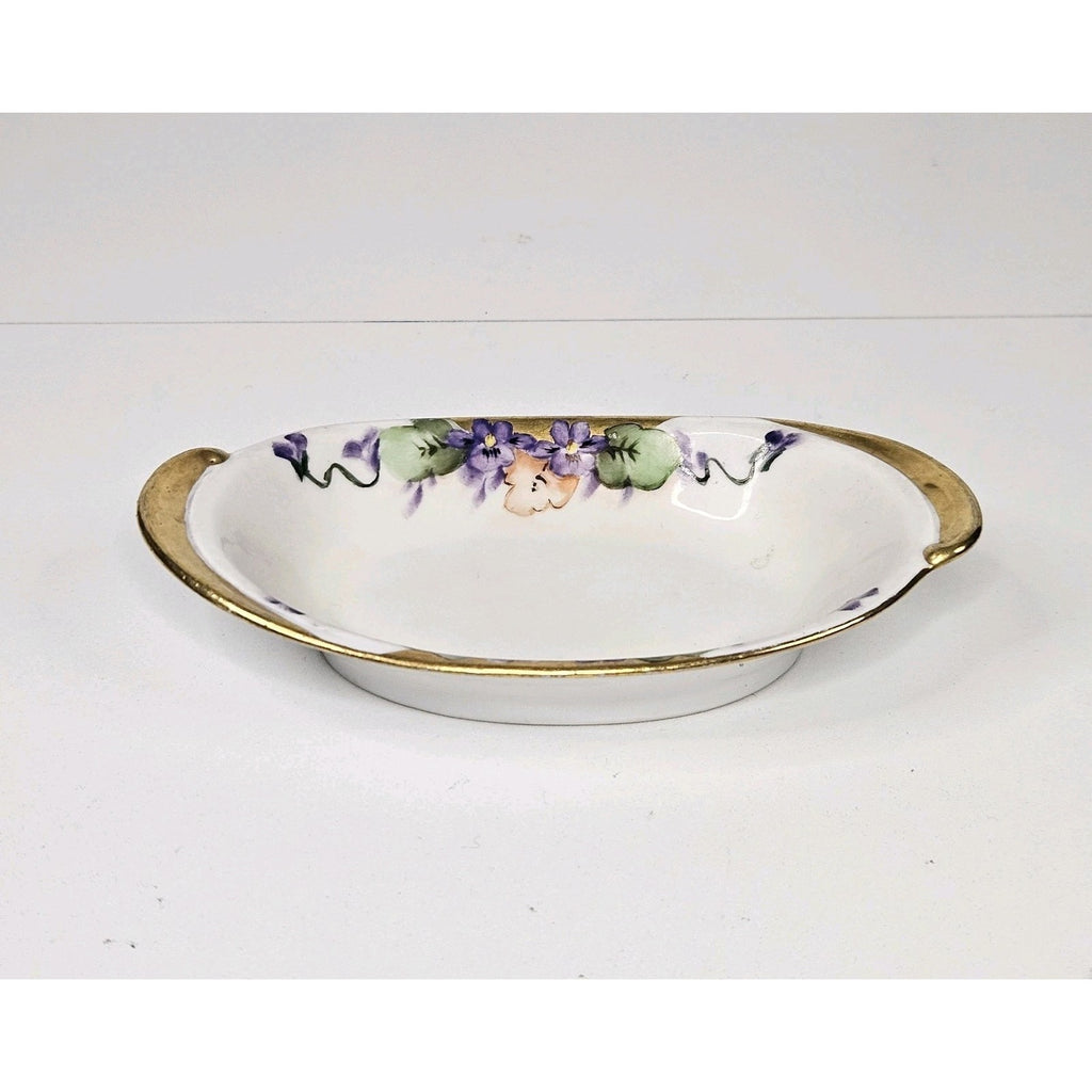 Antique hand-painted porcelain nappy dish candy bowl violet motif gold trim