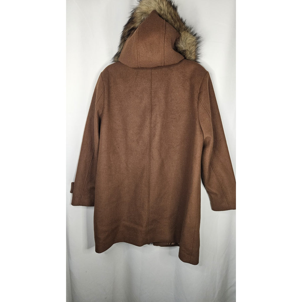 Nine West Hooded Faux Fur Trim Wool Blend Peacoat Size XL Brown Long Jacket