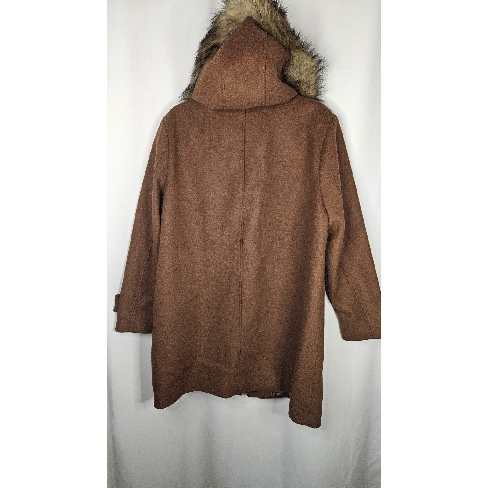 Nine West Hooded Faux Fur Trim Wool Blend Peacoat Size XL Brown Long Jacket