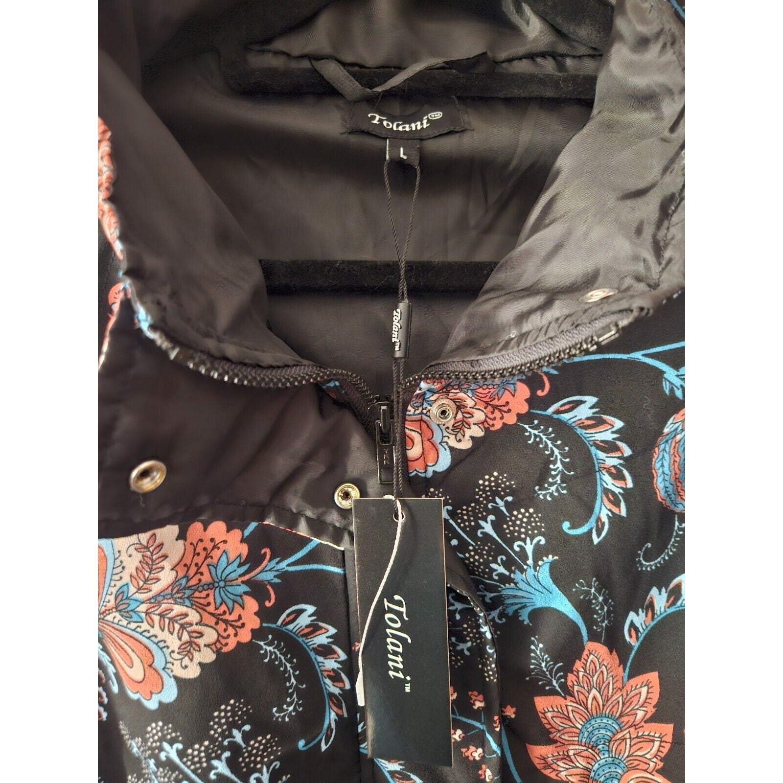 NWT Tolani Jacket Black Paisley Lightweight Coat Dbl Zip & Button Size Large