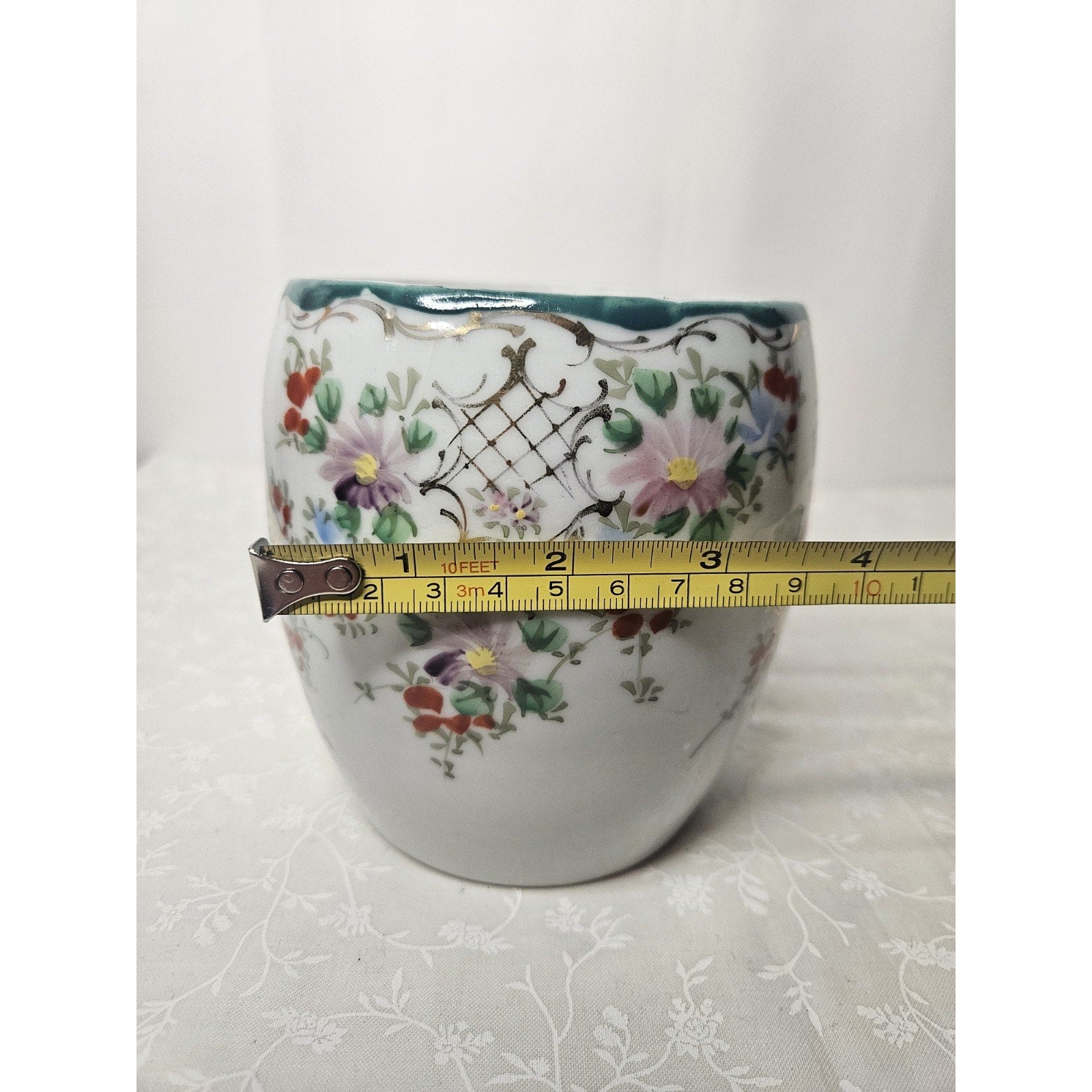 Vintage LJ Japan Ginger Jar Style Vase Art Nouveau Floral Gold Accents 4.5" Tall